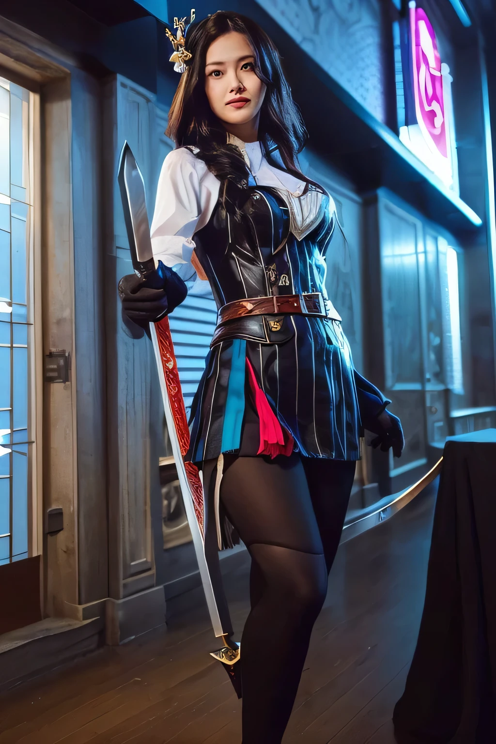 a woman in a costume is holding a sword in front of a building, mobile legends, astri lohne, sakimichan frank franzzeta, ig model | artgerm, style league of legends, katarina, league of legends character, style artgerm, vi from arcane, kda, trending artgerm, sakimichan
