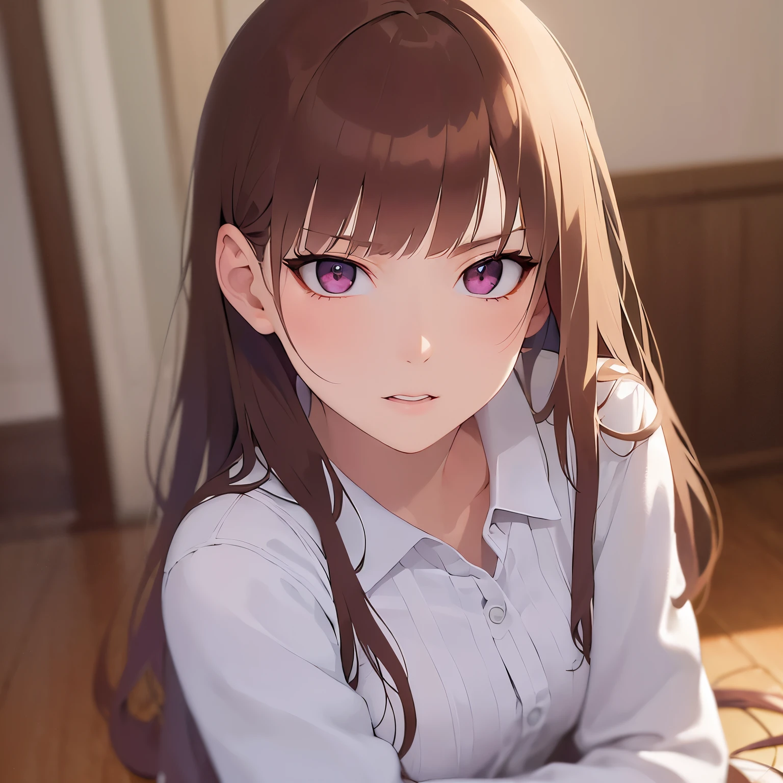 cinematic angle, Upper Body, Realistic, real person, RAW photo, photorealistic, portrait photography, shiny skin, japanese idol、A 25-year-old woman with bright chestnut bangs.、long wavy hair, pink eyes, (White long Sleeve blouse:1.5), (glaring:1.3), The background is an inn room、tatami、shoji、Alone