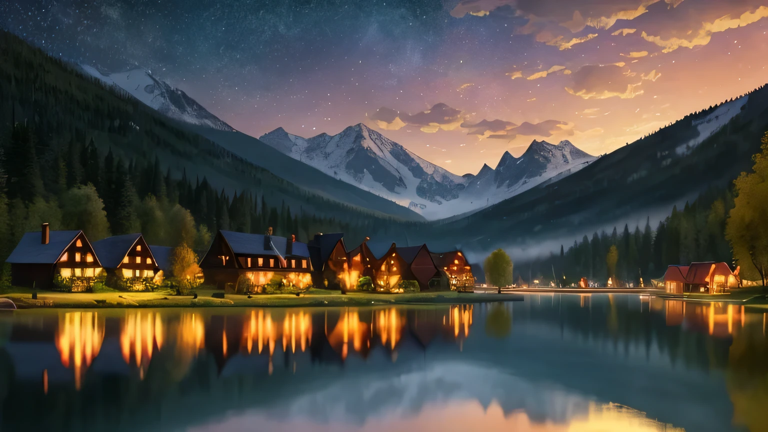 petit (ville) Village construit sur un petit lac entouré de montagnes, (temps la nuit) ciel, Couleurs chaudes, Éclairage vibrant, réaliste, à la manière de CAMILLE PISSARRO  