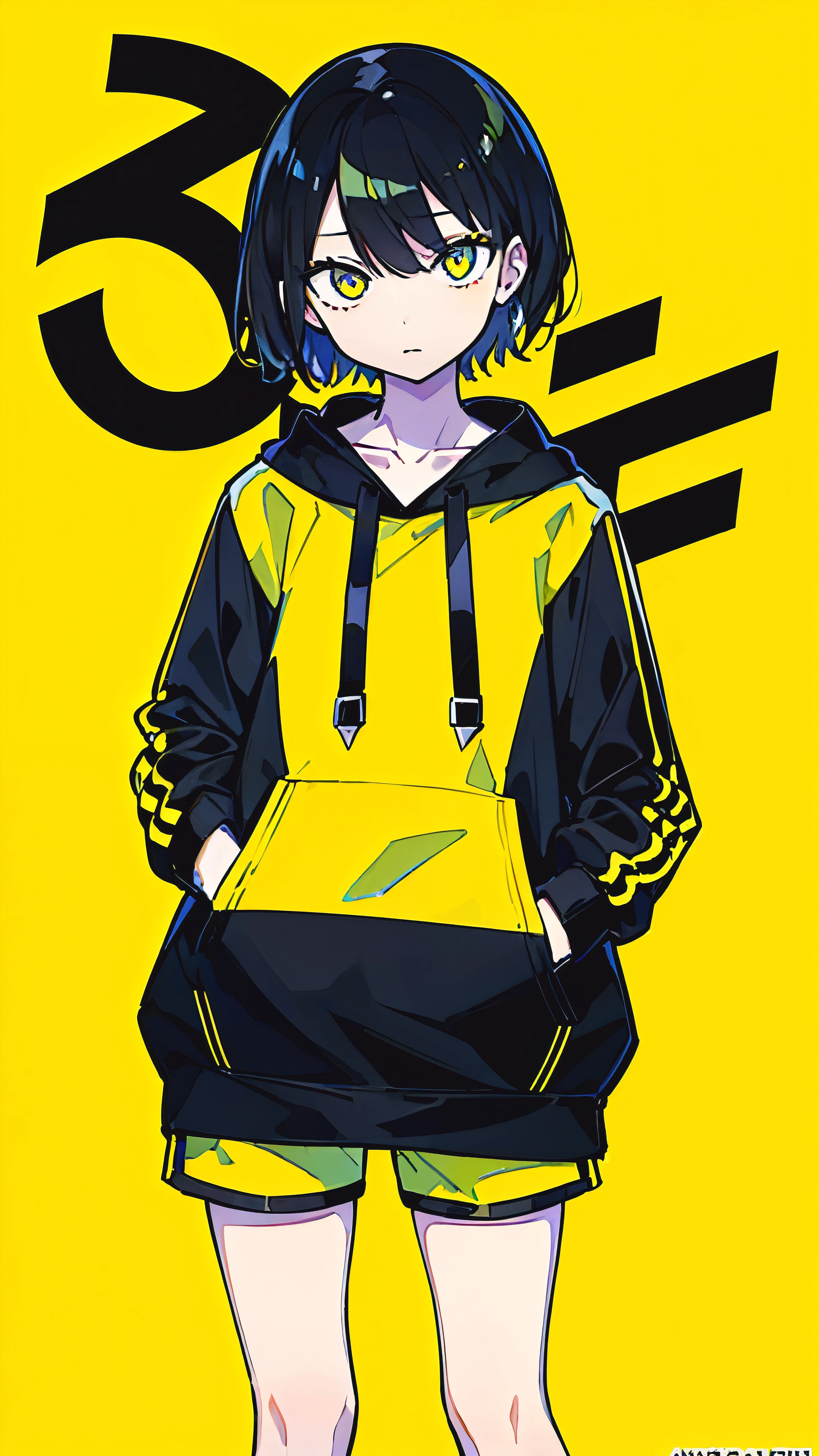 (masterpiece, highest quality:1.6), alone, thick outline, (simple background, Dark yellow background, monochrome, dark yellow theme:1.2), official art, Key Visual, 8K, confused, whole body, (Unique hair, black oversized hoodie, The hoodie has black letters., Yellow hot pants, arch back, short torso:1.2), belly button, thighs, cowboy shot, HDR, sharp focus, High resolution, most detailed, very detailed, Super detailed, finely, detailed eyes and face, sharp pupils, realistic student