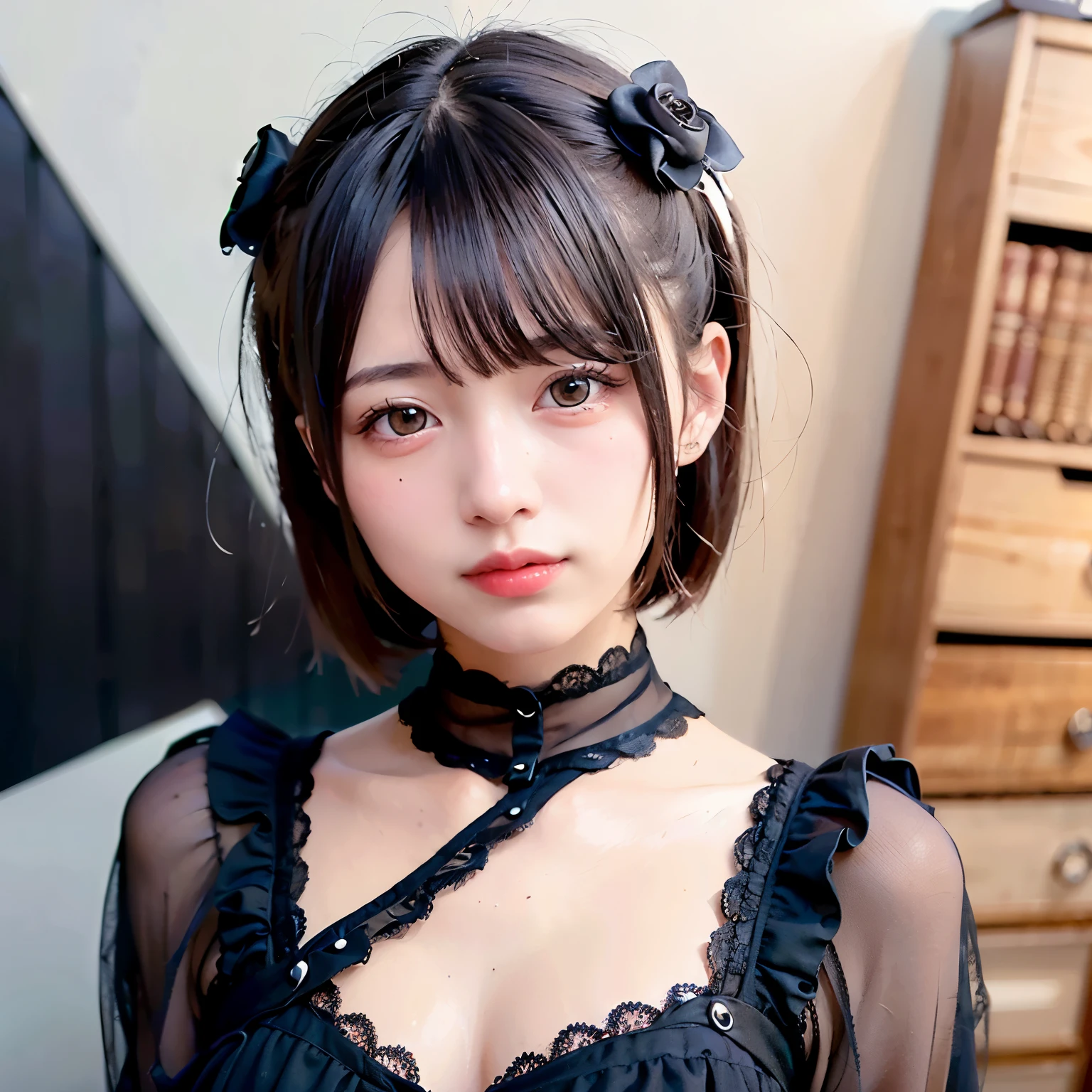 (realistic, photo-realistic:1.37), incredibly absurd, (Extremely detailed:1.3), 8K, (masterpiece), (highest quality:1.4), (ultra high resolution:1.2), (RAW photo:1.2), super detailed background, (unity 8K wallpaper), 1 nogizaka girl, So cute, (bishojo:1.35), (17yo:1.4), (white, black and pink mine fashion), (A delicate and beautiful face, eyes, and skin), (Beautiful dress with delicate details), Gothic Maid, (open chest), (dense black shiny hair), (elegant frills), (blue rose hair accessories), (smile at the camera), whole body, Street view, professional lighting, 1 girl, ((black mask)), (Light pink hair)