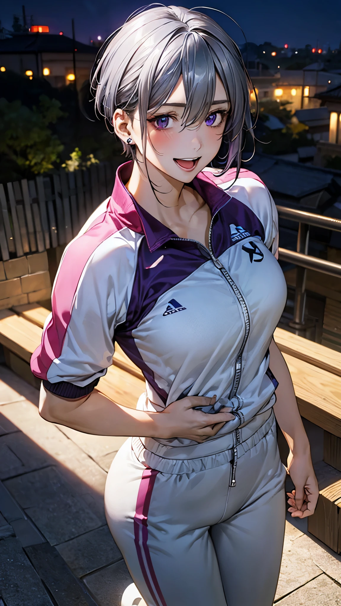 (masterpiece:1.2, top-quality), (realistic, photorealistic:1.4), beautiful illustration, (natural side lighting, movie lighting), 
looking at viewer, (breast focus), (from above:1.1), close up, 
1 woman, japanese, 22 years old, high school physical education teacher, perfect face, cute and symmetrical face, shiny skin, babyface, 
(short hair, shaggy cut, dark silver purple hair), hair between eyes, dark purple eyes, (middle breasts, seductive thighs, big ass), piercings, 
beautiful hair, beautiful face, beautiful detailed eyes, beautiful clavicle, beautiful body, beautiful chest, beautiful thigh, beautiful legs, beautiful fingers, 
((light blue tracksuit, white pants)), 
(beautiful scenery), evening, outdoors, walking, (smile, open mouth), 