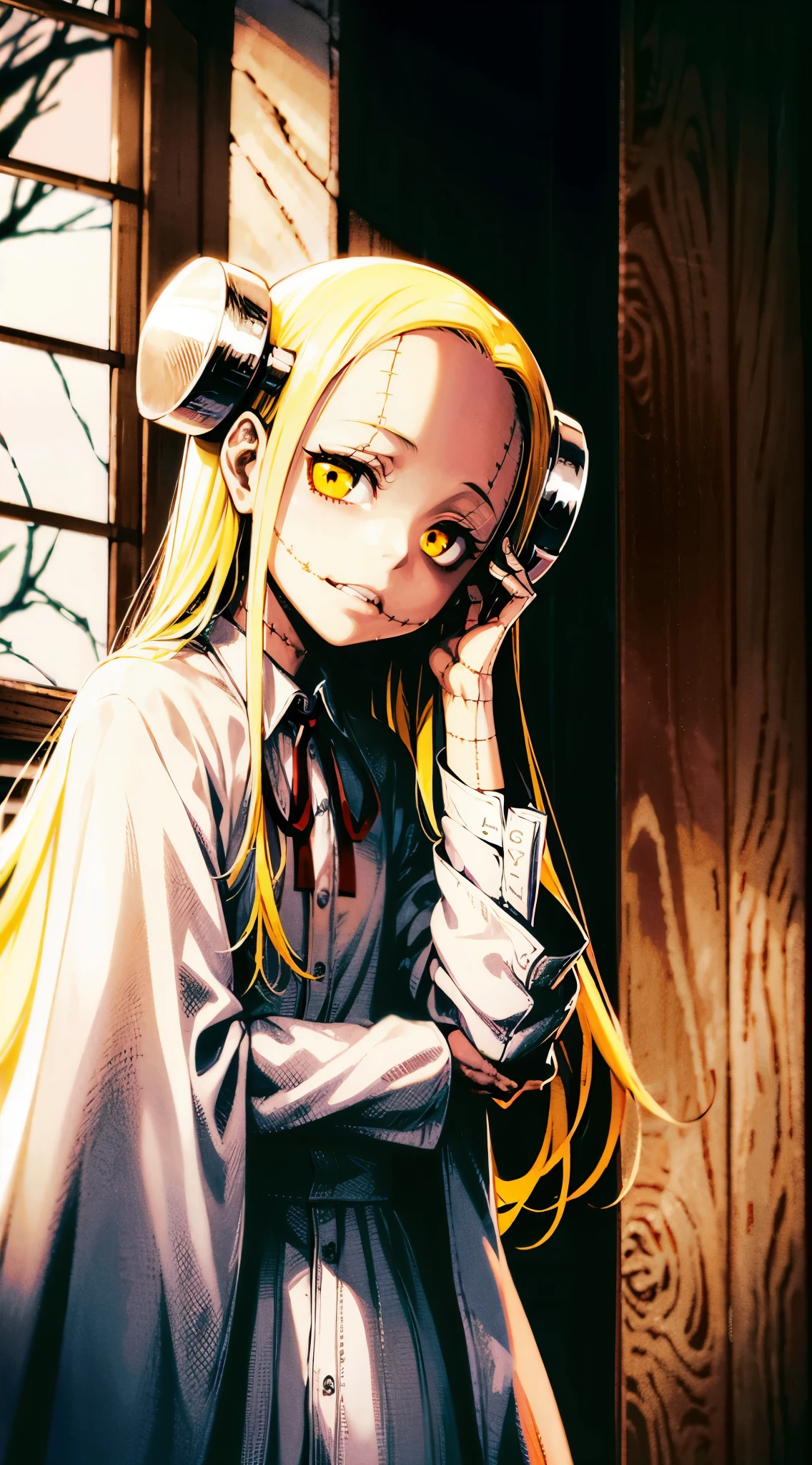 Madaraki_Fran,young woman ,costs,the madhatter ,white robe ,wrinkles,concerned,((covers his ears)), long hair , yellow hair,seams , Scars on the body , A creepy look , scary eyes , An intimidating look , creepy smile , bags under the eyes, ((((painful))))