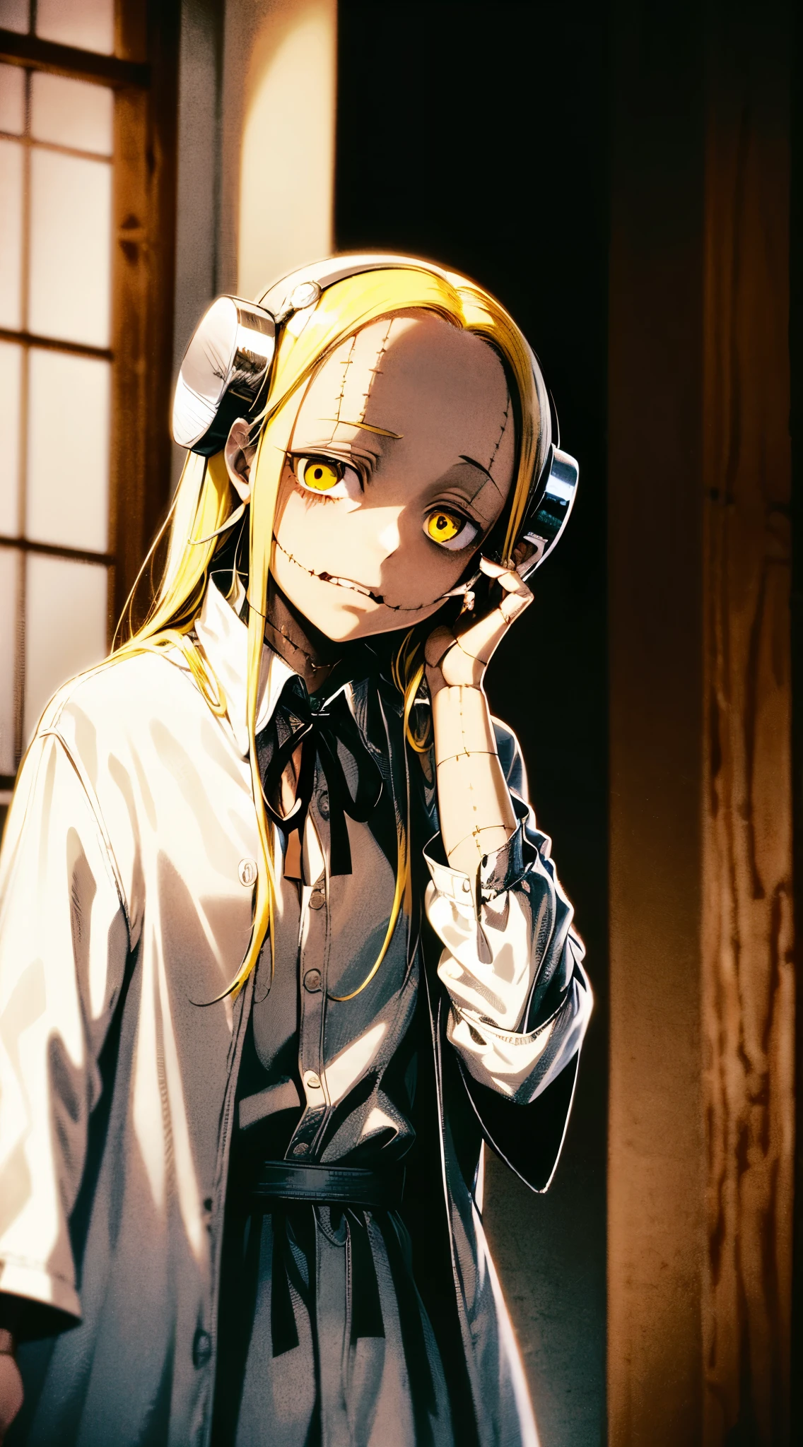 Madaraki_Fran,young woman ,costs,the madhatter ,white robe ,wrinkles,concerned,((covers his ears)), long hair , yellow hair,seams , Scars on the body , A creepy look , scary eyes , An intimidating look , creepy smile , bags under the eyes, ((((painful))))