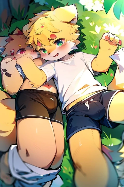 Cute little golden wolf fox,big tail,golden retriever color,White T-shirt,black shorts,Pink pads,blush,瑟瑟。