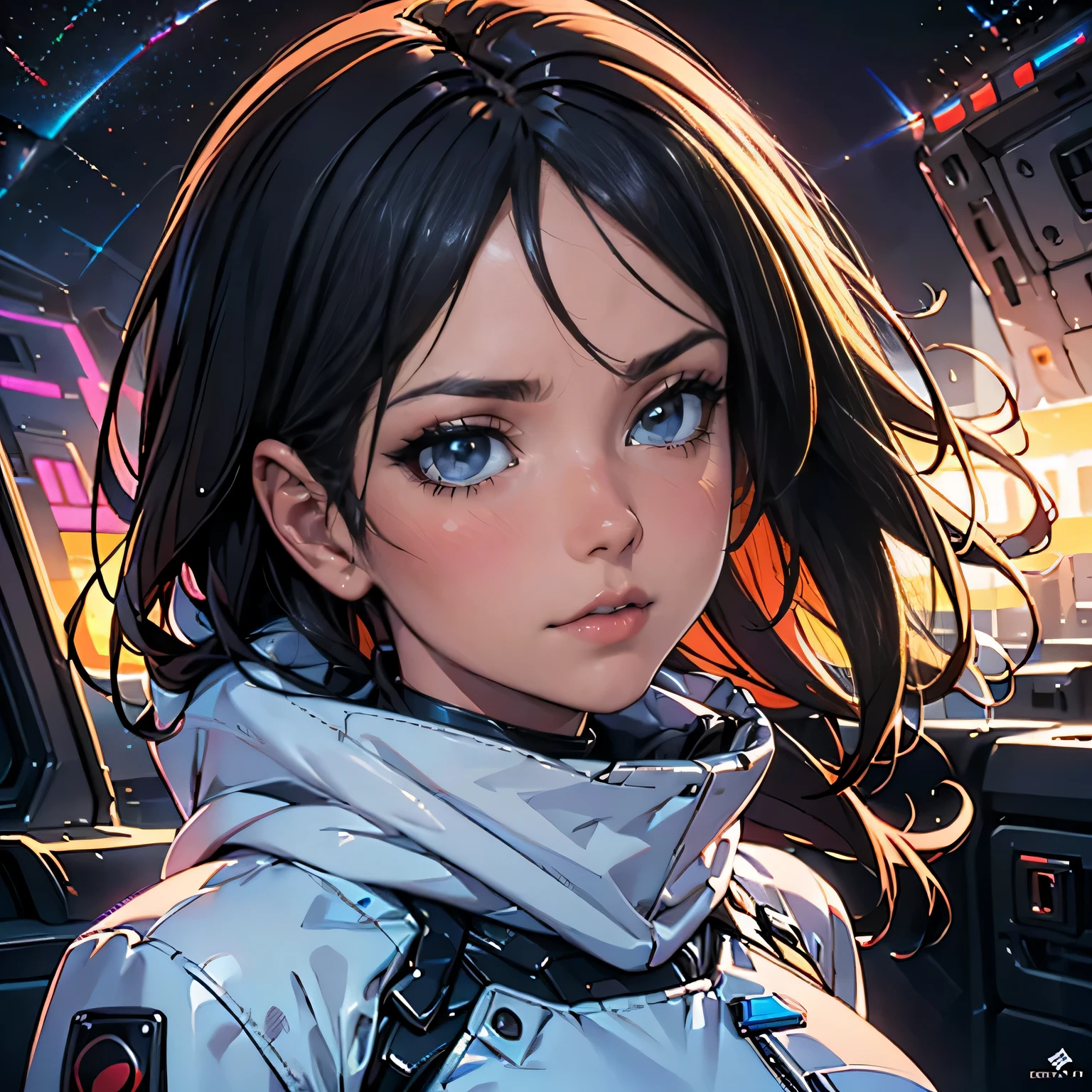 (((HD photo))), ultra high res.photorealistic:. 1.4, UHD, masterpiece, trending on artstation, portait, 1girl, headshot, cute girl, most beautiful in the world, solo, soft, delicate, long dark hair, wearing space suit, scarf, sunkissed, cyberpunk night