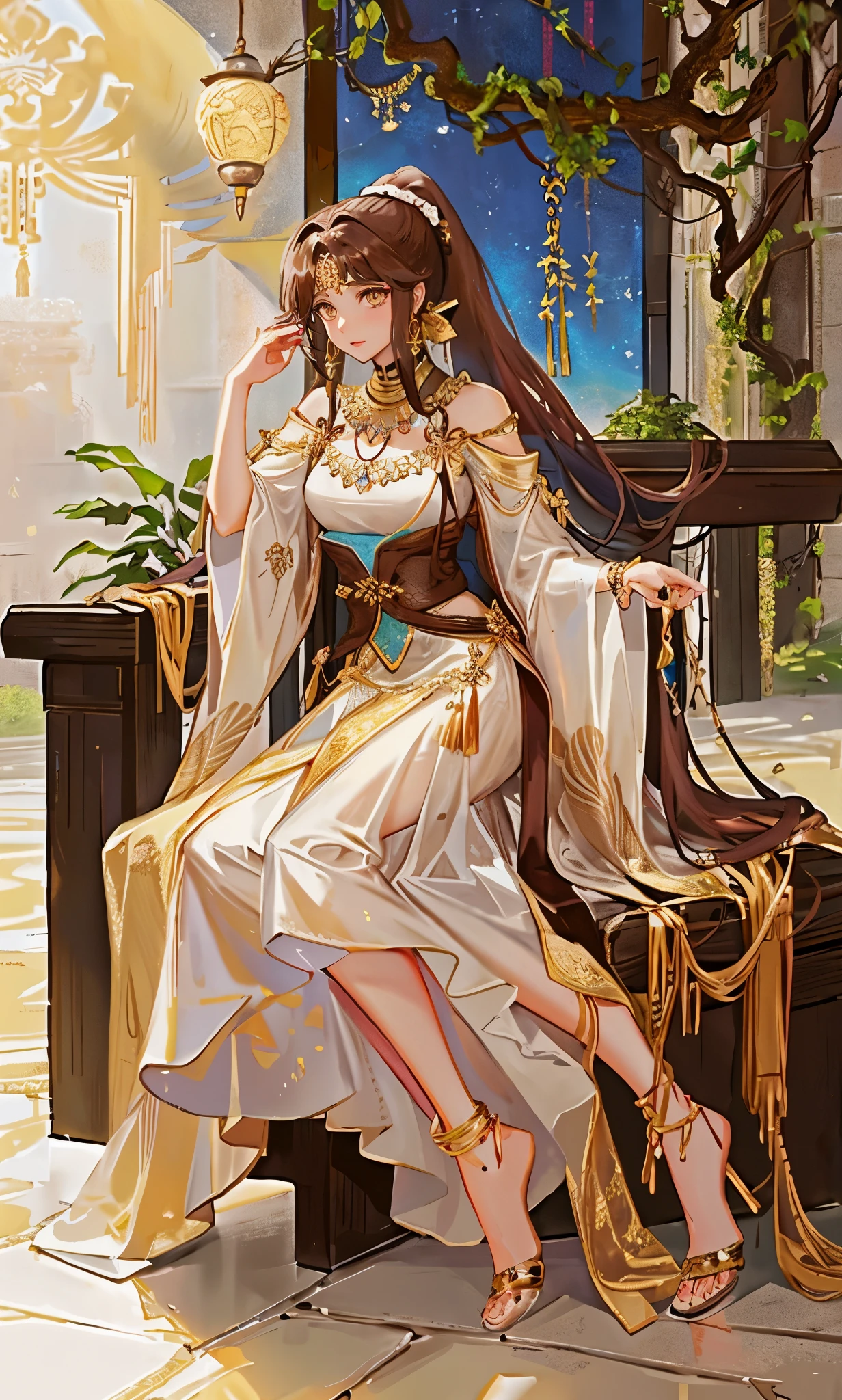 extremely normal body,stand,Chocolate brown high ponytail long hair,close up,dream world,Babylon Queen,Chocolate high ponytail,Messy hair,golden eyes,civilization,hanging garden背景,civilization,hanging garden,A wide range of jewelry,(贵重的Middle Eastern style长裙,Middle Eastern style),necklace,Her skin is very white, fair complexion,(White long dress,Exotic),barefoot,Gemstone anklets