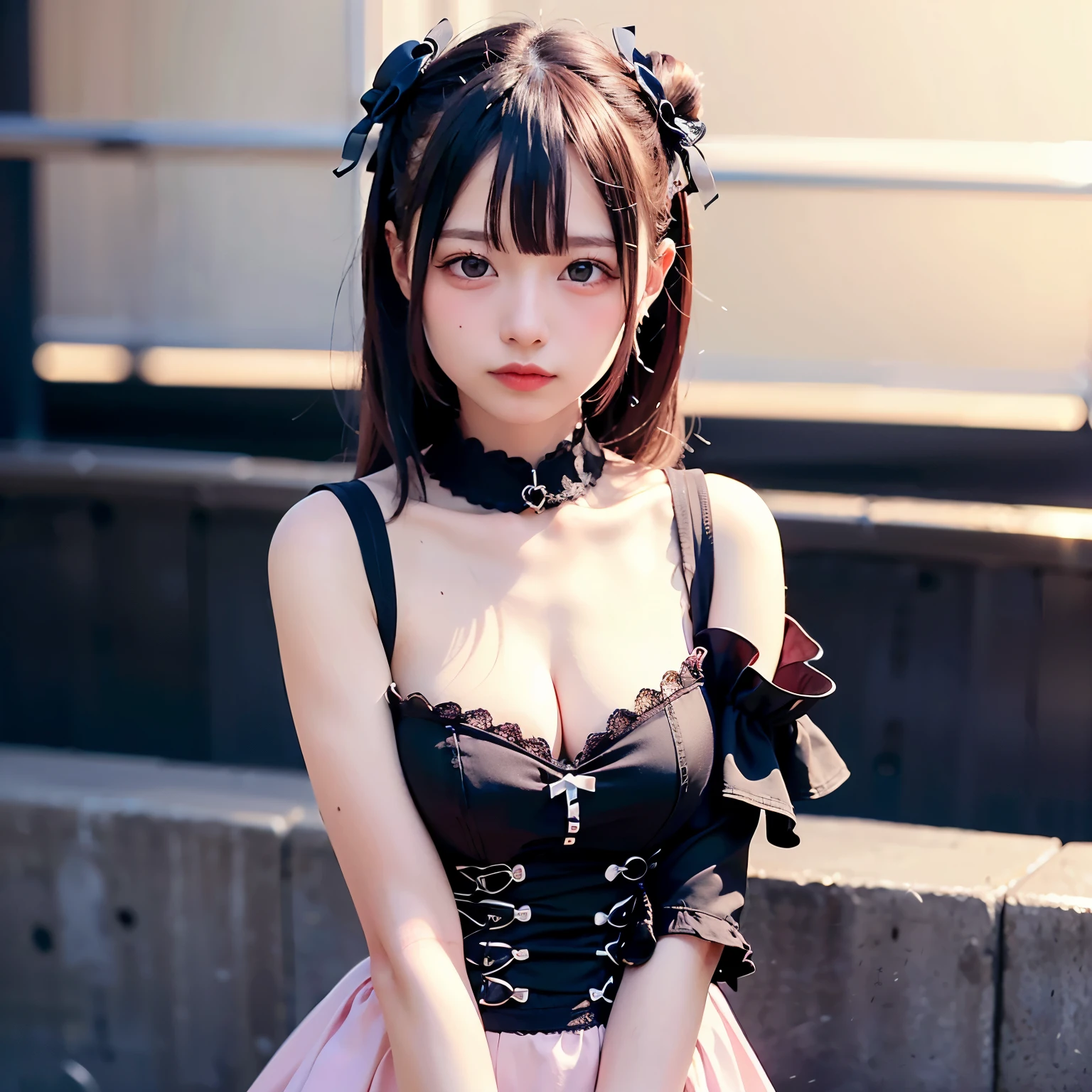 (realistic, photo-realistic:1.37), incredibly absurd, (Extremely detailed:1.3), 8K, (masterpiece), (highest quality:1.4), (ultra high resolution:1.2), (RAW photo:1.2), super detailed background, (unity 8K wallpaper), 1 nogizaka girl, So cute, (bishojo:1.35), (17yo:1.4), (white, black and pink mine fashion), (A delicate and beautiful face, eyes, and skin), (Beautiful dress with delicate details), Gothic Maid, (open chest), (dense black shiny hair), (elegant frills), (blue rose hair accessories), (smile at the camera), whole body, Street view, professional lighting, 1 girl, ((black mask)), (Light pink hair)