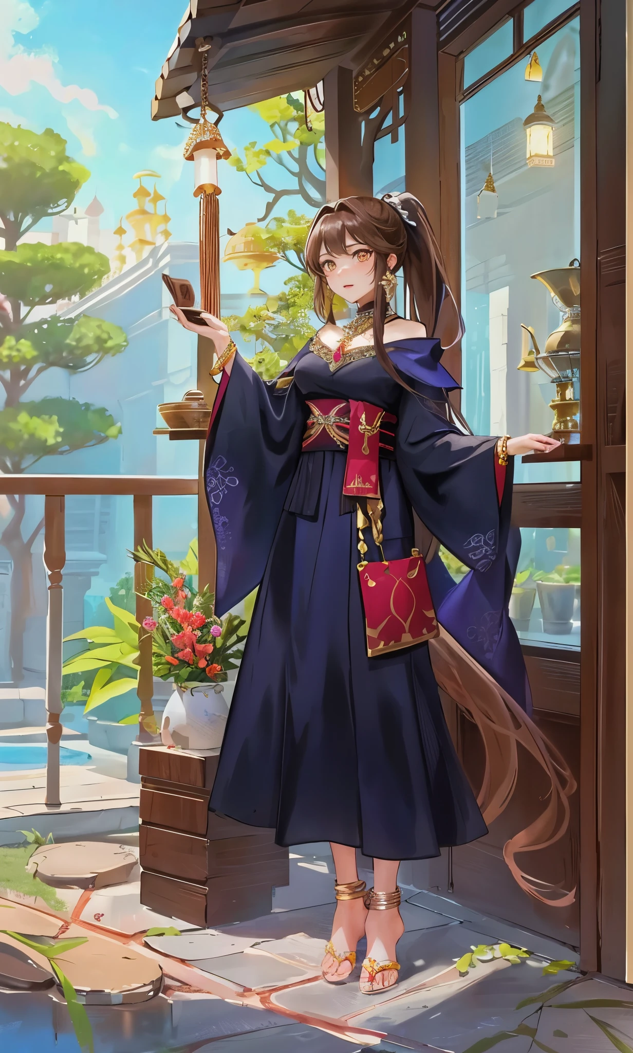 extremely normal body,Chocolate brown high ponytail long hair,Standing close-up,dream world,Babylon Queen,Chocolate high ponytail,Messy hair,golden eyes,civilization,hanging garden背景,civilization,hanging garden,A wide range of jewelry,(贵重的Middle Eastern style长裙,Middle Eastern style),necklace,Her skin is very white, fair complexion,(White long dress,Exotic),barefoot,Gemstone anklets