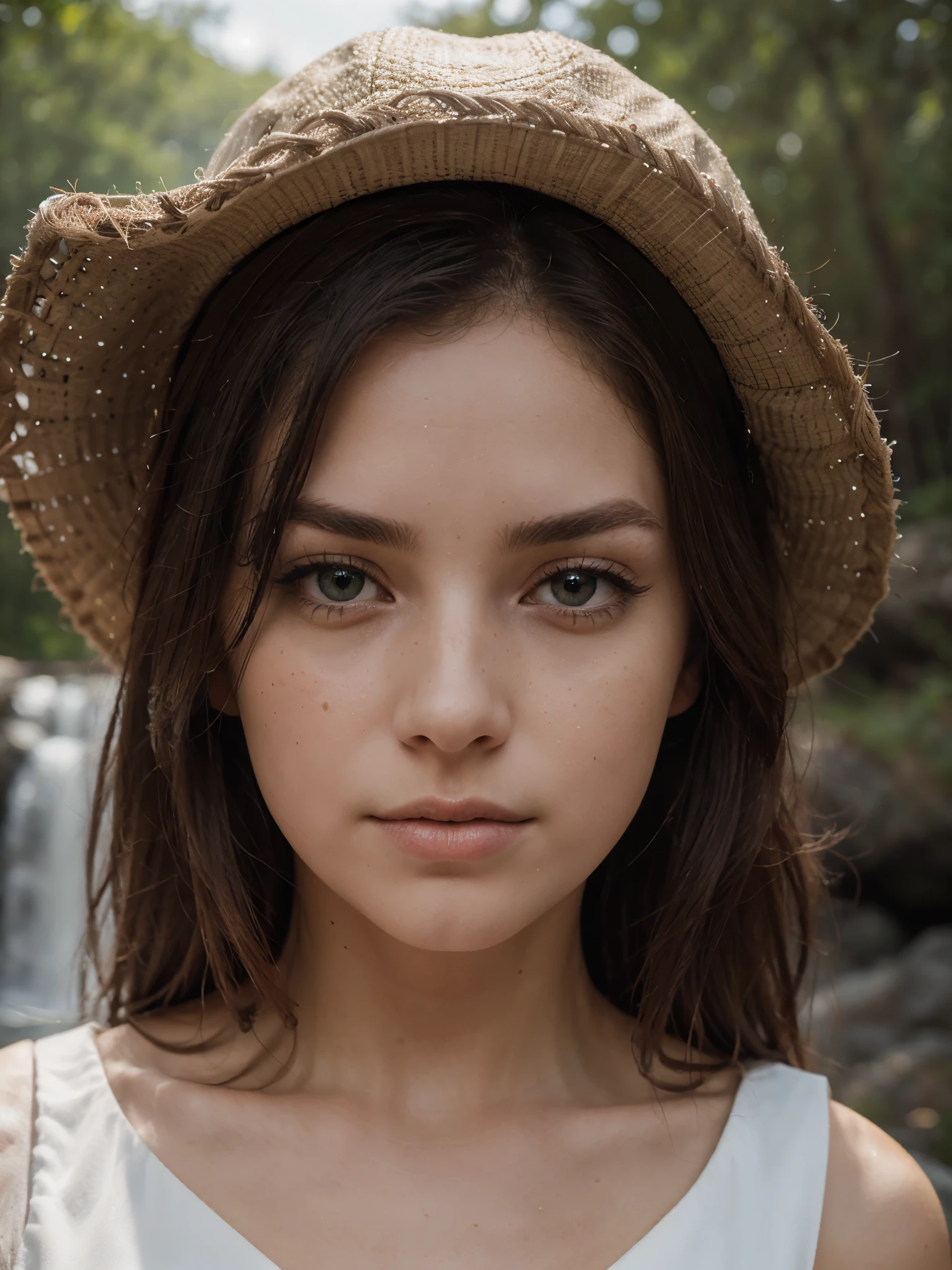 a 22 year old woman named Bella Brown, serious expression and striking appearance. My brown hair falls to my shoulders in long waves, framing my face and highlighting my blue eyes. My full lips are slightly parted, as if I'm about to say something. Her button nose is dotted with freckles that contrast with my pale skin. My eyebrows are thick and dark, giving me a bold look. My cheekbones are high and defined and my eyelashes are long and curled. she shows off my curves.
Setting: A suggestive waterfall shrouded in a light fog, creating an ethereal and mysterious atmosphere. The sound of water creates a relaxing background. Pose: The model is in the foreground, the view of her focuses only on her face, wrapped in a light and large straw hat, creating an intriguing veil that conceals and reveals her magnetic expression. Camera position and framing: The camera is placed at the model's eye level, gently blurring the surrounding environment to focus attention on her face. The shot is close up to capture every detail of the eye and the nuances of the hat. Clothes: The model wears a light dress, soft colors that blend in with the waterfall. Fabrics that gently sway in the breeze, accentuating the natural grace. Time of day and light: Twilight, when the sky takes on warm, enveloping tones. The light filtering through the trees creates plays of shadows and reflections, giving a fairy-tale touch to the image. Mood: A mixture of wonder and serenity, the model's face captures the essence of contemplation in the face of nature. Her eyes express a deep connection with her surroundings. Other elements: Drops of water suspended in the air and brilliant reflections in the waterfall create magical details. A light wind makes the dress and hat move slightly, adding dynamism to the scene.