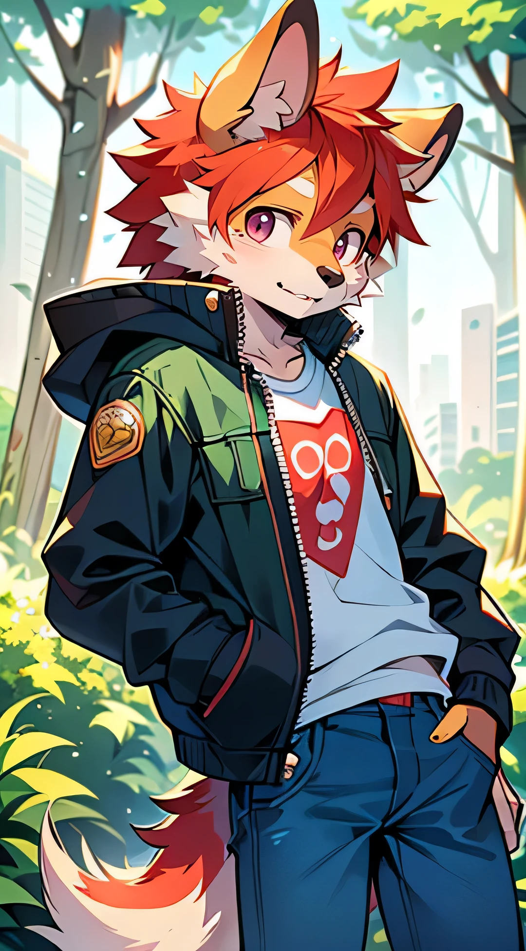 There is a male dog wolf on it, , 18 years old, half dog, anthropomorphic turtle , ,one person,皮jacket,jacket,jeans,cool ( Black-red pupils), (Glitter quality, high detail,Background city wallon hair with smile,Two small ears,Skin Gionee ,in the woods