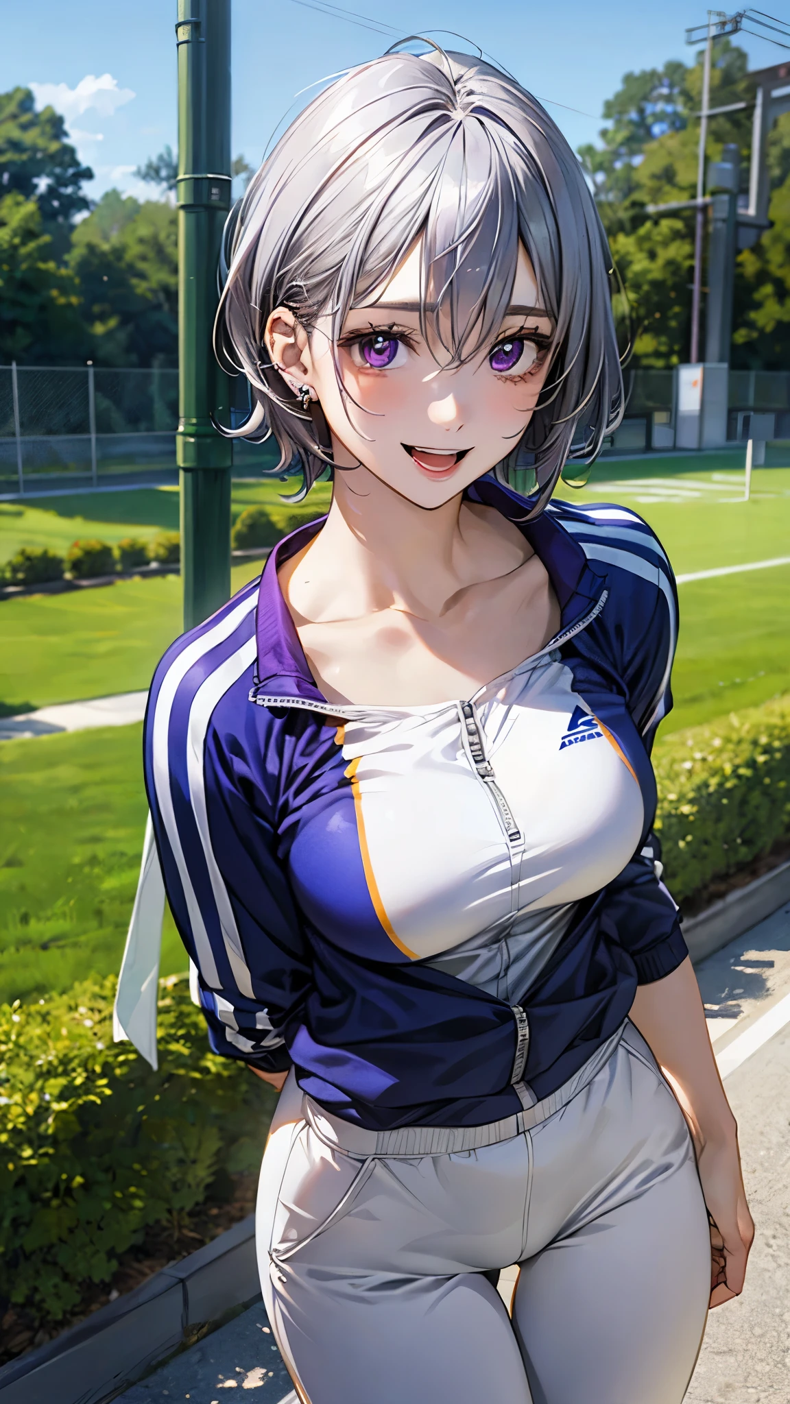 (masterpiece:1.2, top-quality), (realistic, photorealistic:1.4), beautiful illustration, (natural side lighting, movie lighting), 
looking at viewer, (), (from above:1.1), close up, 
1 woman, japanese, 22 years old, high school physical education teacher, perfect face, cute and symmetrical face, shiny skin, babyface, 
(short hair, shaggy cut, dark silver purple hair), hair between eyes, dark purple eyes, (middle ,  thighs, big ), piercings, 
beautiful hair, beautiful face, beautiful detailed eyes, beautiful clavicle, beautiful body, beautiful , beautiful thigh, beautiful legs, beautiful fingers, 
((blue tracksuit, white pants)), 
(beautiful scenery), evening, outdoors, walking, (smile, open mouth), 