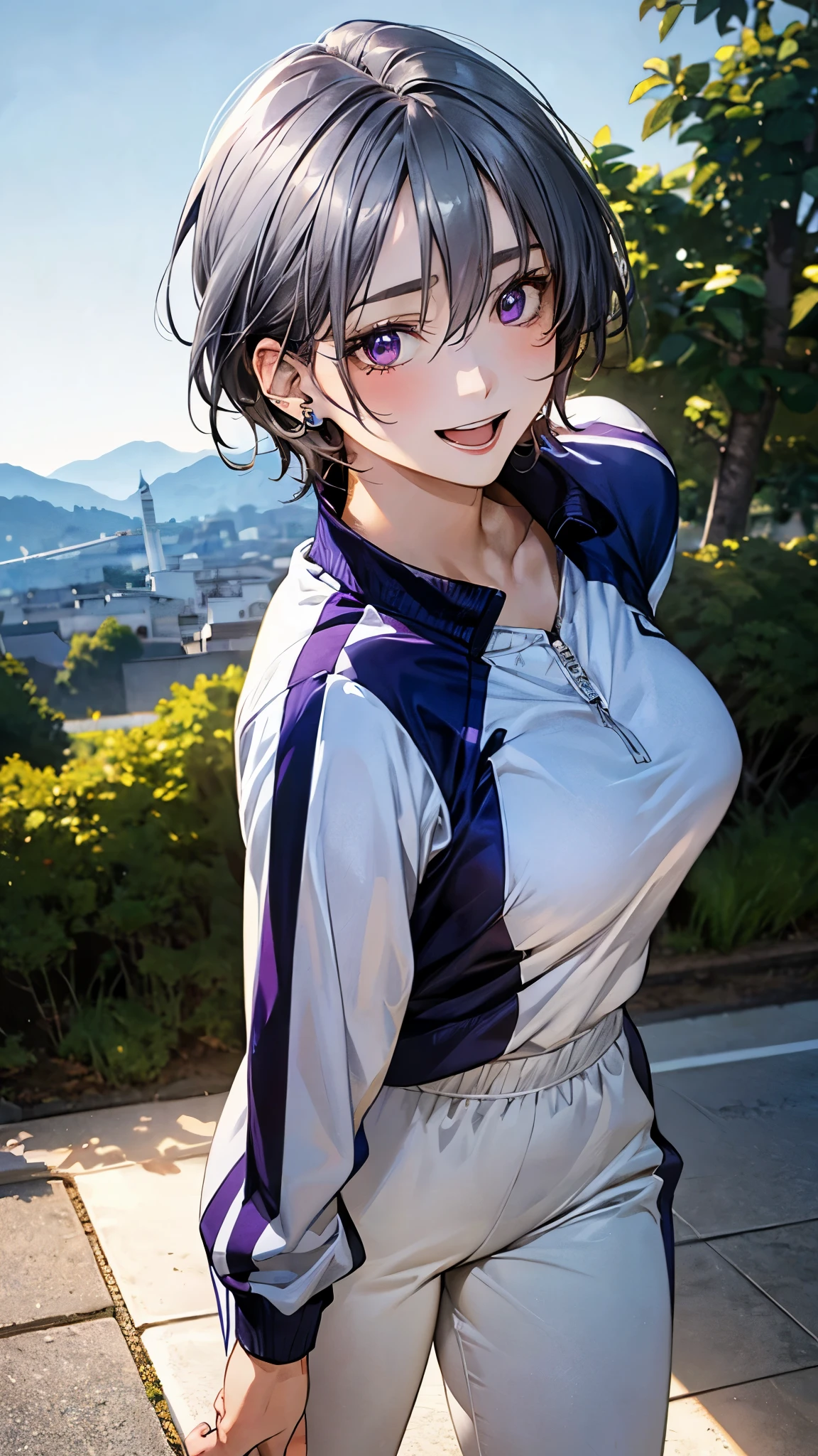 (masterpiece:1.2, highest quality), (realistic, photorealistic:1.4), beautiful illustrations, (natural side lighting, movie lighting), 
looking at the viewer, (chest focus), (From above:1.1), close, 
1 mature woman, Japanese, 28 years old, High school physical education teacher, perfect face, Cute symmetrical face, shiny skin, baby face, 
(short hair, shaggy cut, dark silver purple hair), hair between eyes, dark purple eye idol chest, seductive thighs, big ass), earrings, 
beautiful hair, beautiful face, detailed and beautiful eyes, beautiful clavicle, beautiful body, beautiful breasts, beautiful thighs, beautiful feet, beautiful fingers, 
((blue tracksuit, white pants)), 
(beautiful scenery), evening, outdoors, walk, (smile, open your mouth), 