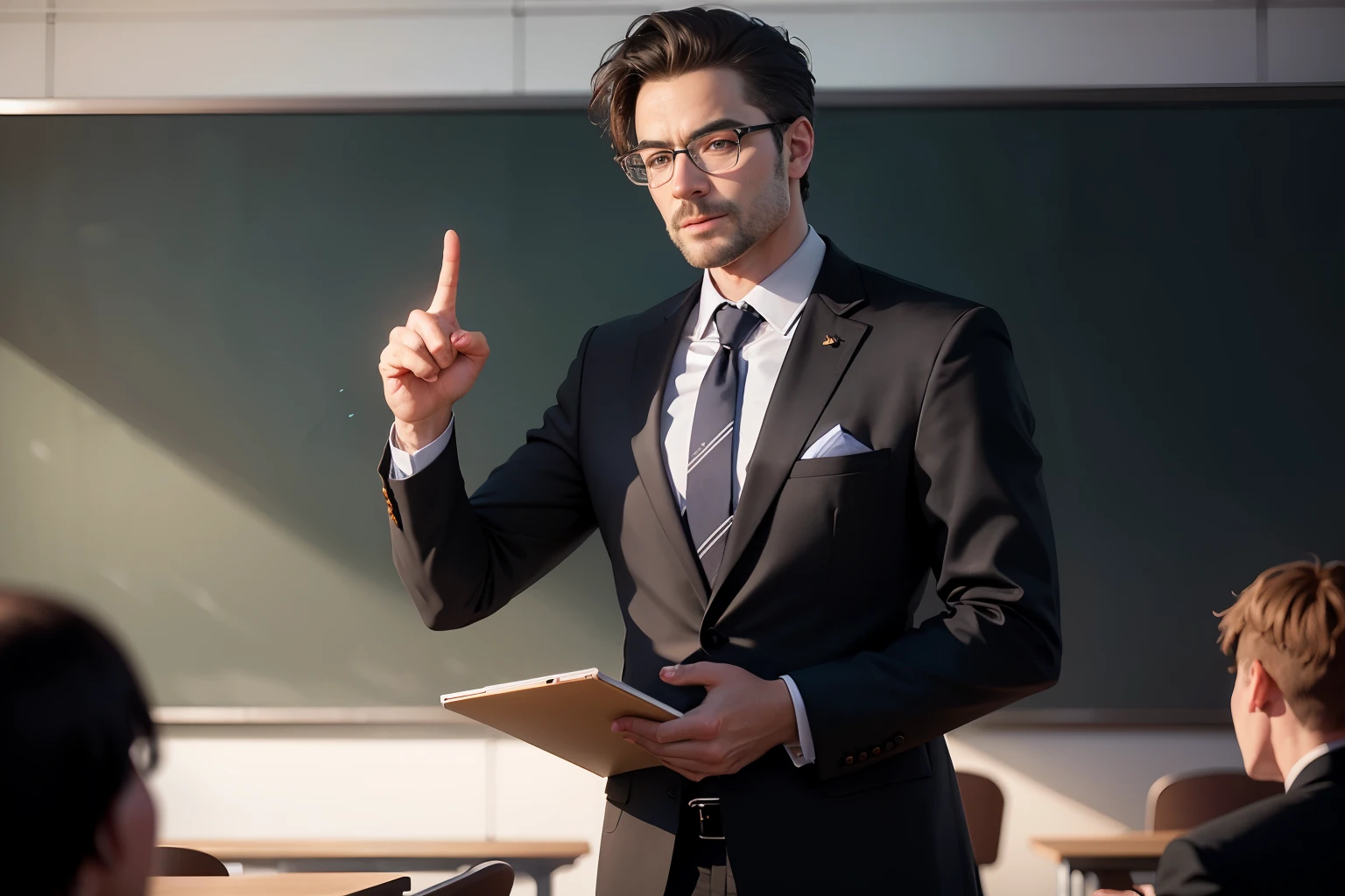 1. The male teacher in suit stands on the podium and gives a lecture to the students,Classroom,blackboards,fresh flowers,cinematic lighting,depth of fields, lens flare glow,8K, RAW photos, sportrait, best qualtiy, 超高分辨率, realistic , pointing his finger towards the black board