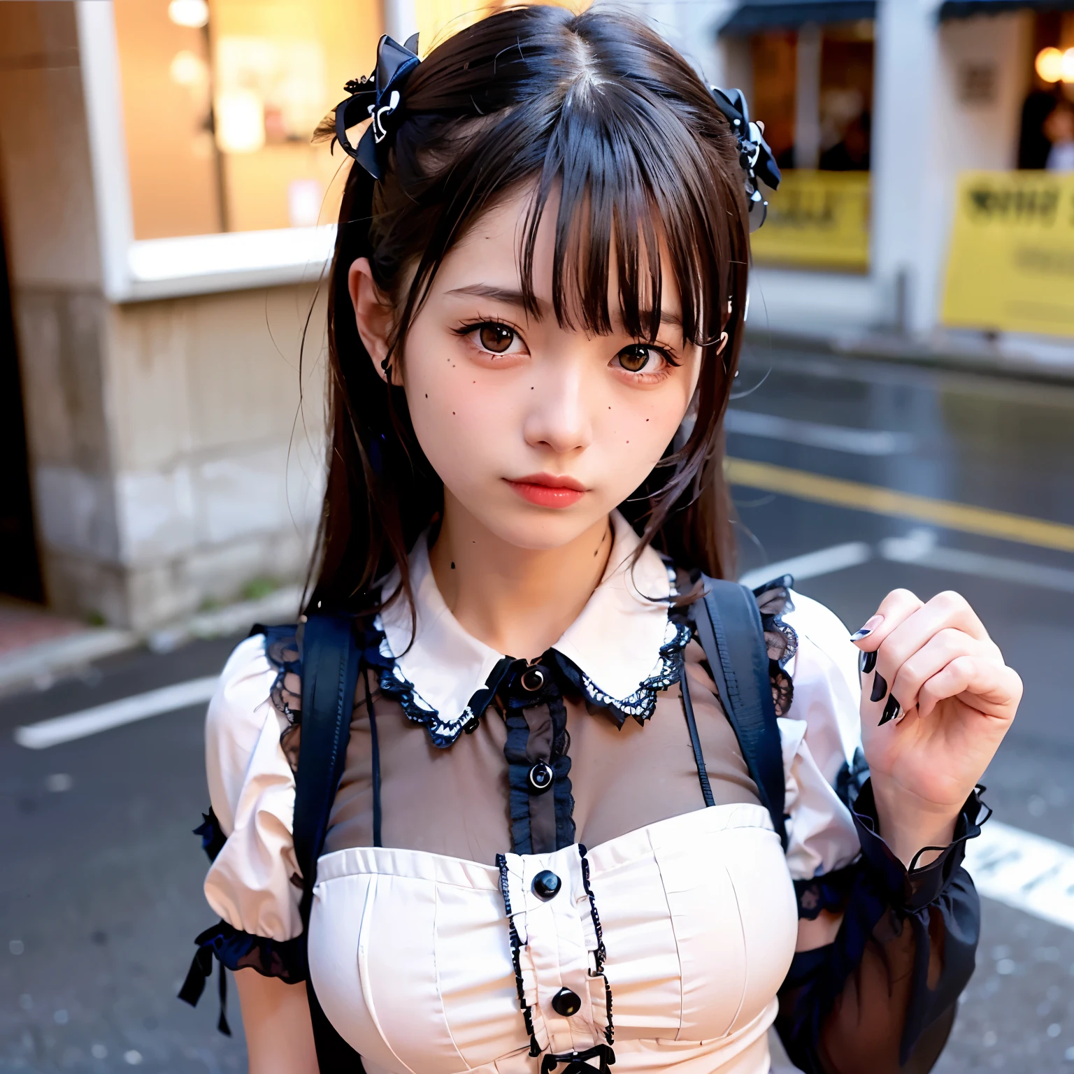 (realistic, photo-realistic:1.37), incredibly absurd, (Extremely detailed:1.3), 8K, (masterpiece), (highest quality:1.4), (ultra high resolution:1.2), (RAW photo:1.2), super detailed background, (unity 8K wallpaper), 1 nogizaka girl, So cute, (bishojo:1.35), (17yo:1.4), (white, black and pink mine fashion), (A delicate and beautiful face, eyes, and skin), (Beautiful dress with delicate details), Gothic Maid, (open chest), (dense black shiny hair), (elegant frills), (blue rose hair accessories), (smile at the camera), whole body, Street view, professional lighting, 1 girl, ((black mask)), (Light pink hair)