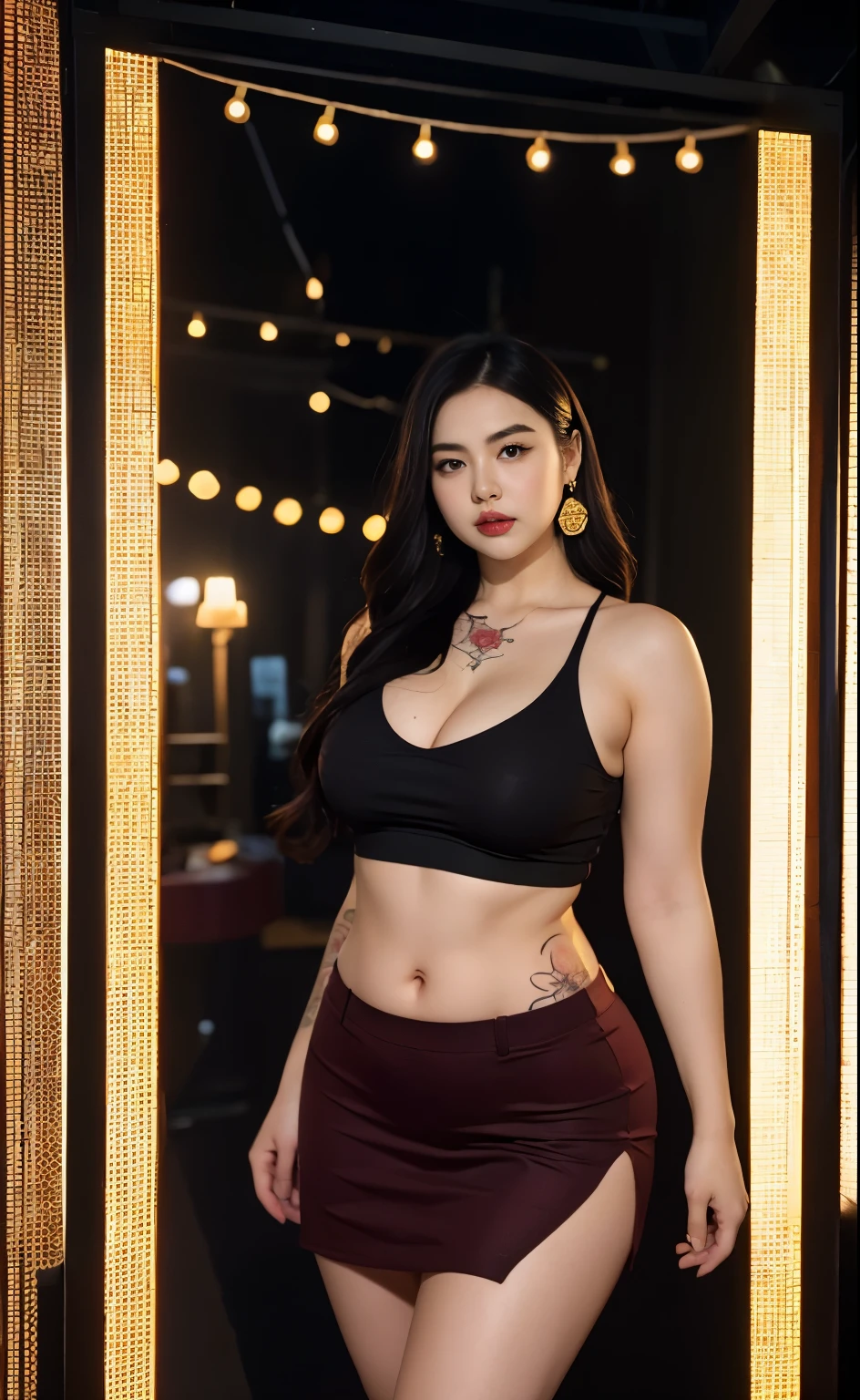 there is a woman posing in a black room with a maroon top and red skirt, thick body, beautiful thick female, wide hips, thick legs, she has a jiggly fat round belly, thick thighs, curvy hourglass figure, thicc, curvy model, widest hips, hyperrealistic full figure, bbwchan, voluptuous body, thick, tattooed body, tattooed hands, tattooed arm, tattooed in belly, Full of tattoos on the left hand, the tattoo covers the entire left hand
