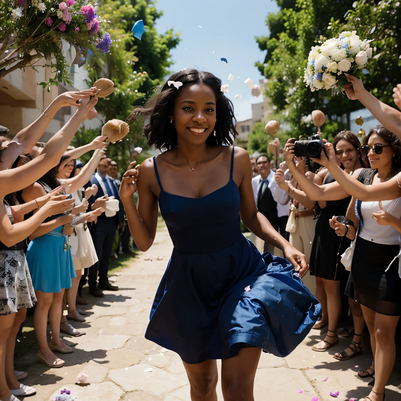 Uma negra de trinta anos, blue party dress entering with a basket of flowers throwing petals at a wedding with photographers around taking photos