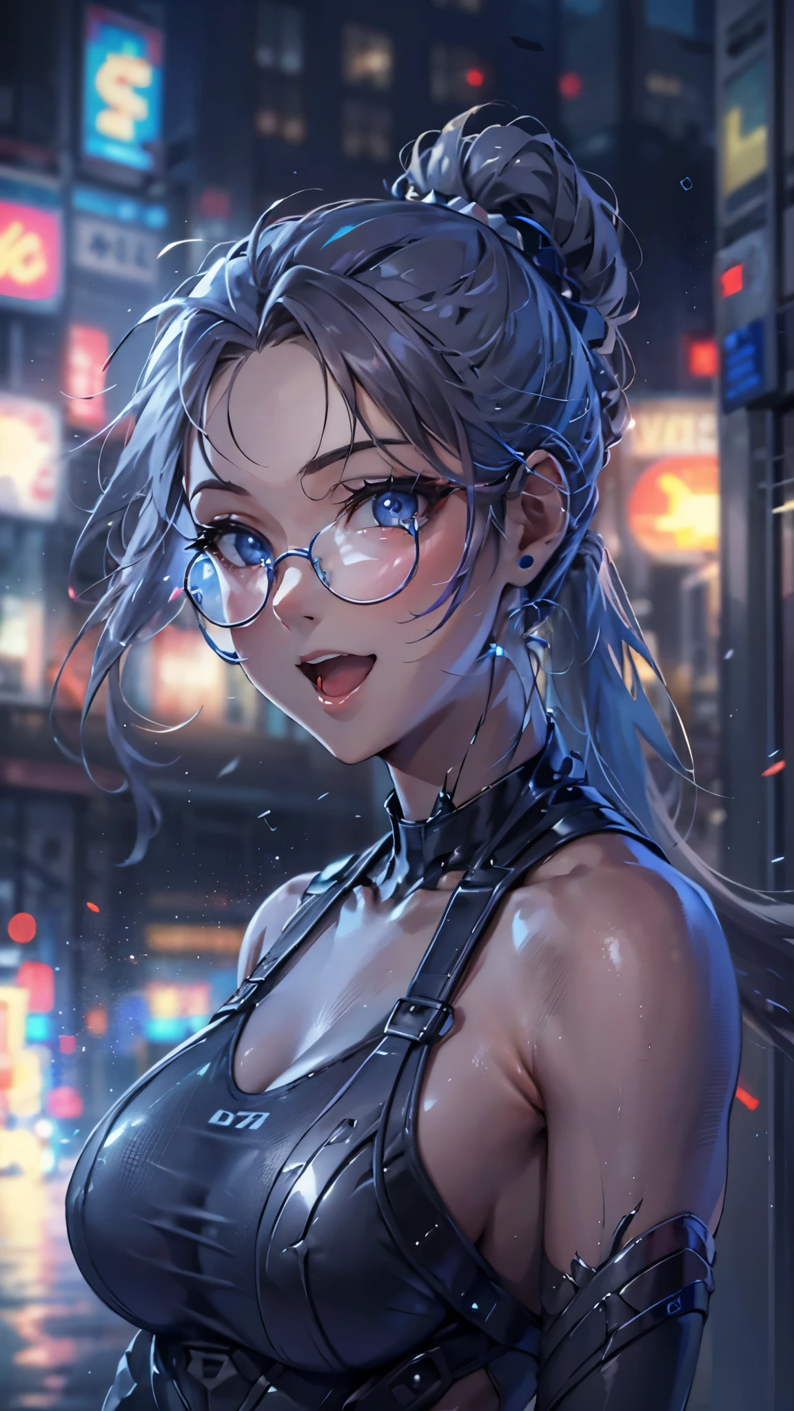 woman,,,city,night,(((white and blue tight miniskirt bodysuit))),,open mouth smile((See-through))glasses,((beautiful long ponytail)),((Baby girl bohape))