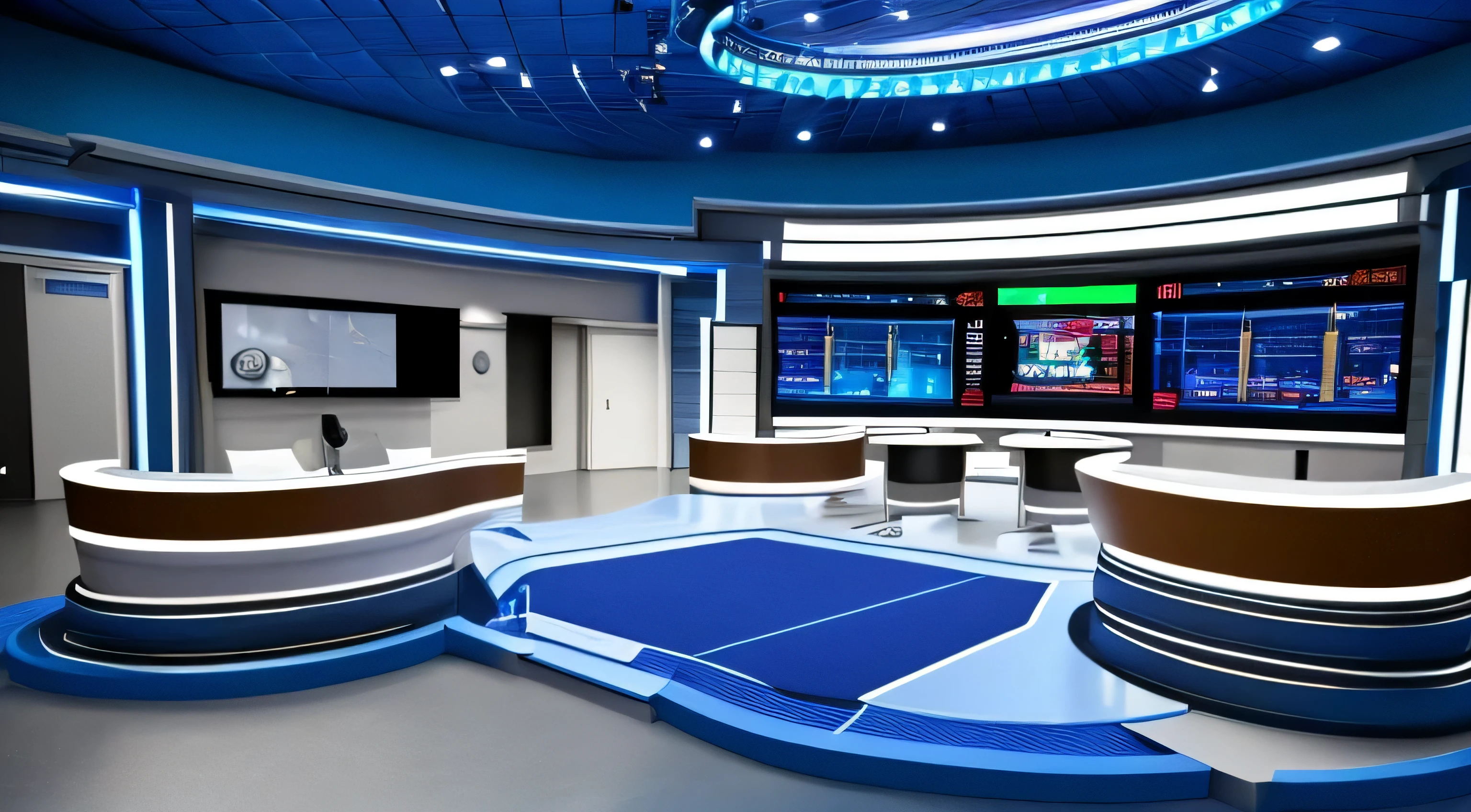 a close-up of a television studio with a large table and chairs, tv studio, Arena esportiva futurista, conjunto virtual, Cenografia 3D Raytraced, in 3d rendering style, futuristic backdrop, interior futurista, sports broadcast, altamente renderizado!!, finalrender, pre-rendered, news broadcast, stadium setting, futuristic government chambers, renderizado em CGI, Quarto futurista