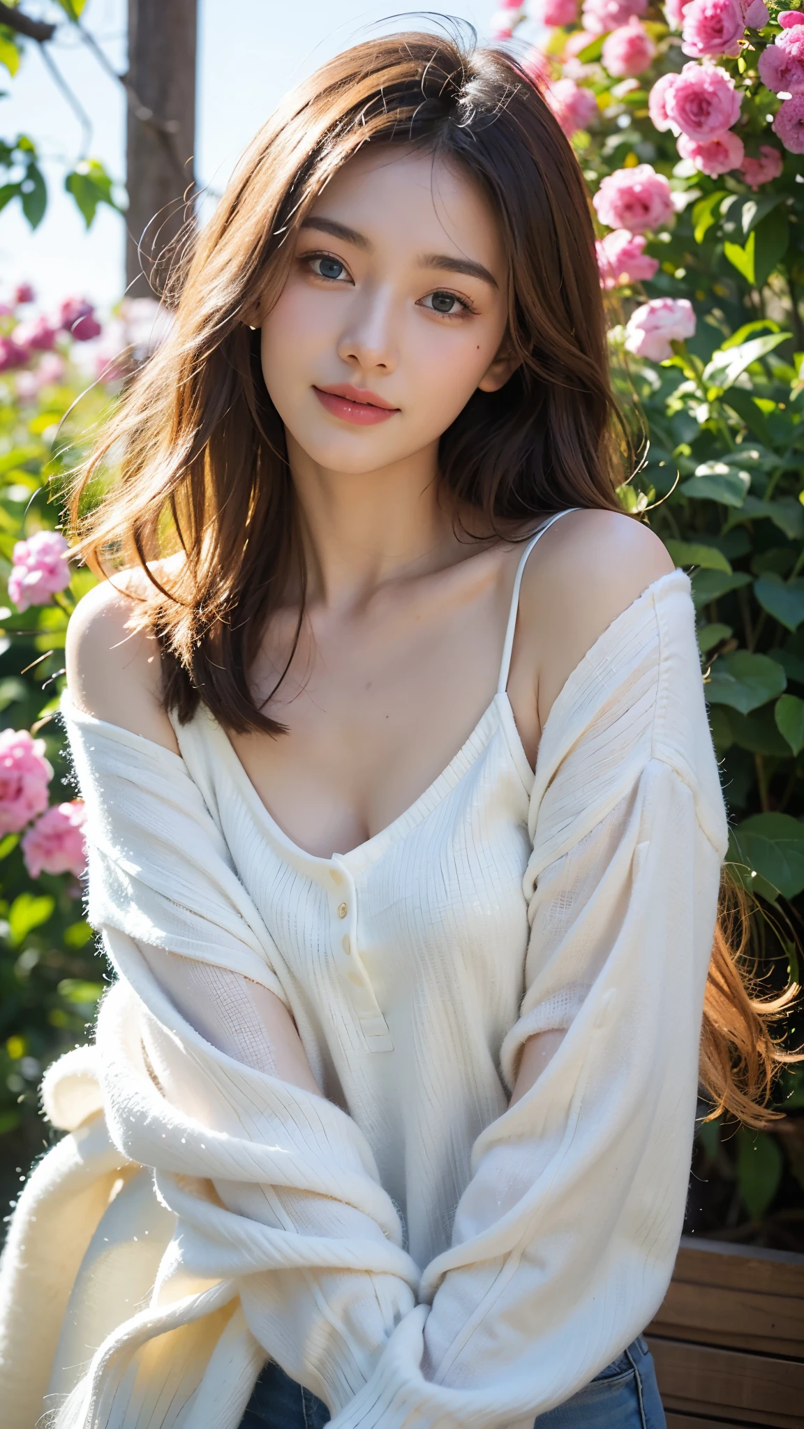 (​masterpiece、top-quality:1.2)、1girl in、(Domaudmar:1.5)、A smile、looking at the viewers、Orange Hoodie Hoodie、white  shirt,(masuter piece:1.3),exquisitedetails, Highest quality 8K resolution, Ultra-detailed, Realistic, Vibrant colors, Soft tones, With warm and gentle lighting,(Smooth straight blonde hair:1.2),(Hair parted in the middle:1.2),(Glowing hair),(Deep Blue Eyes:1.3),White skin, hair clips,With an overflowing soft and gentle feeling, Multiple Corner Turns,Visible emotions and specific emotions, I want to believe, Use illustrations,Long-haired beautiful girl fluttering in the wind,The promenade is full of flowers, Create colorful reflections.The sun's rays illuminate joy and pure love, Cast a warm golden glow on the girl's face. Their love is like a blessing from God, Free yourself from the hassles of this world. The atmosphere is full of happiness and laughter, It's like heaven、As if celebrating love. The artwork is、Create a combination of digital illustrations and photos, Sticking to ultra-detailed depictions and vivid colors. In a style that blends romanticism and realism、You can feel the depth of love. The color palette consists of soft pastel tones, Create an ethereal atmosphere like a dream. and the lighting is soft and diffused, Shine a gentle light on your face,、The warmth of the hug increases. The artwork is a masterpiece, Meticulously crafted to capture the essence of an unbreakable bond.