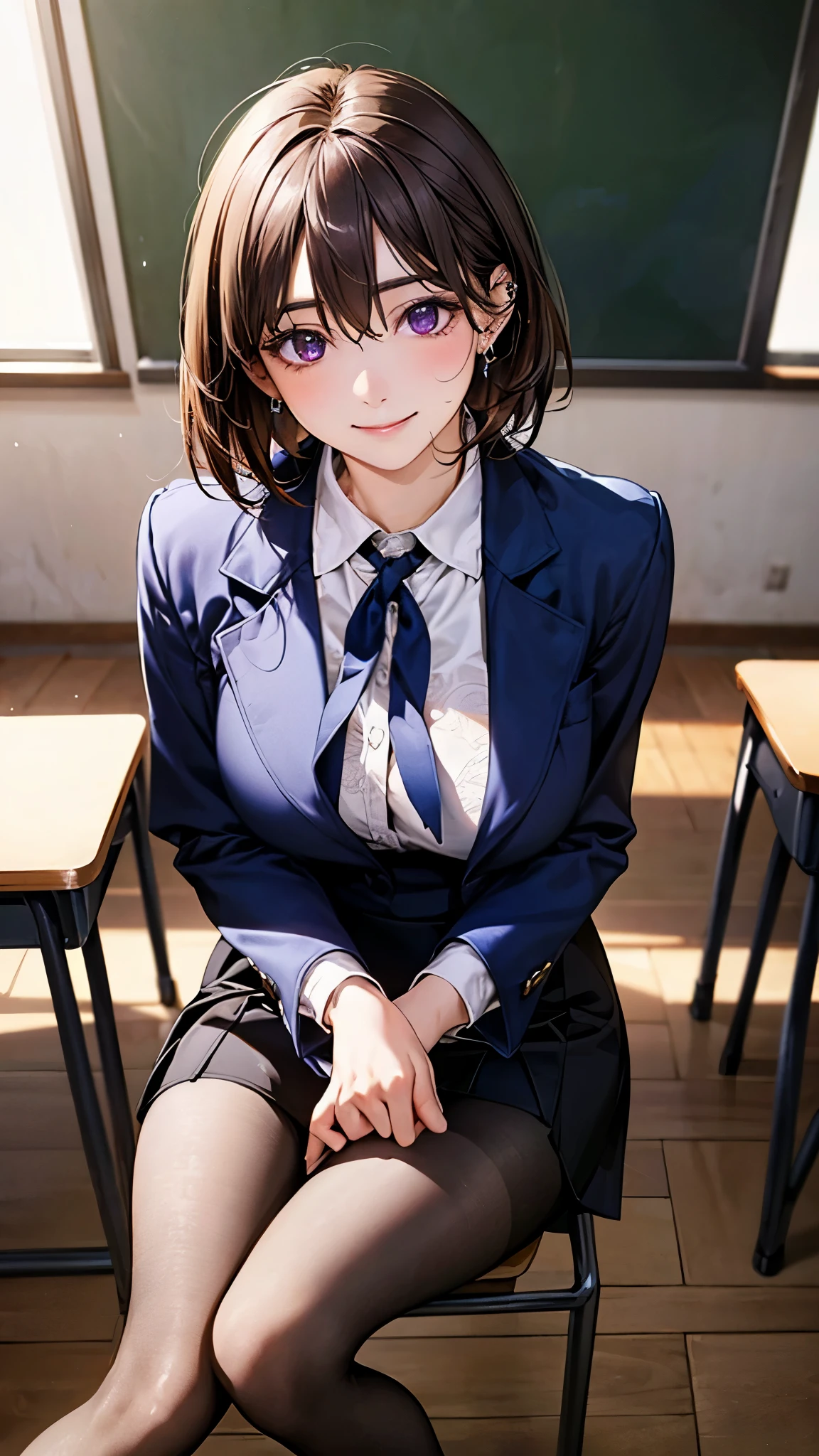 (masterpiece:1.2, top-quality), (realistic, photorealistic:1.4), beautiful illustration, (natural side lighting, movie lighting), 
looking at viewer, (breast focus), (from above:1.1), close up, 1 woman, japanese, 22 years old, high school teacher, perfect face, cute and symmetrical face, shiny skin, babyface, 
(short hair, straight hair, dark brown hair), hair between eyes, dark purple eyes, (middle breasts, seductive thighs, big ass), piercings, 
beautiful hair, beautiful face, beautiful detailed eyes, beautiful clavicle, beautiful body, beautiful chest, beautiful thigh, beautiful legs, beautiful fingers, 
((navy jacket, close jacket, navy tight skirt, white collared shirt), black pantyhose), purple neck ribbon, 
(beautiful scenery), evening, class room, blackboard, sitting school chair, standing, (lovely smile, upper eyes), 
