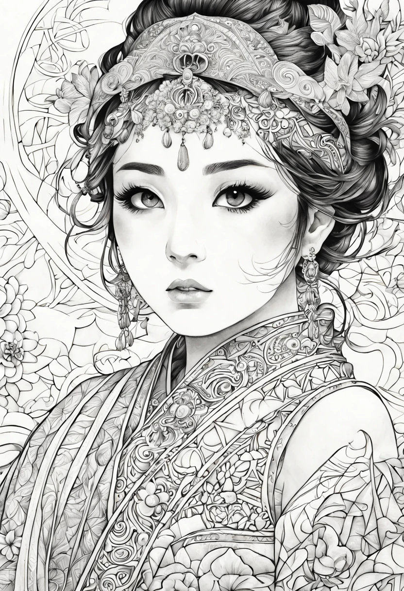 1girl, (high resolution,4k,8k,highres,masterpiece:1.2),ultra-detailed,(black and white ink paint:1.5),Japanese tattoo art,beautiful detailed eyes,beautiful detailed lips,detailed face,long eyelashes,traditional patterns,geometric shapes,flowing lines,spiritual motifs,meaningful symbols,elaborate designs,organic elements,nature-inspired elements,serene expression,colored background,contrast lighting,subtle shadows,vivid colors,texture details,traditional attire,elegant pose,harmonious composition,exquisite artistry,precise outlines,sharp focus,body art,traditional craftsmanship