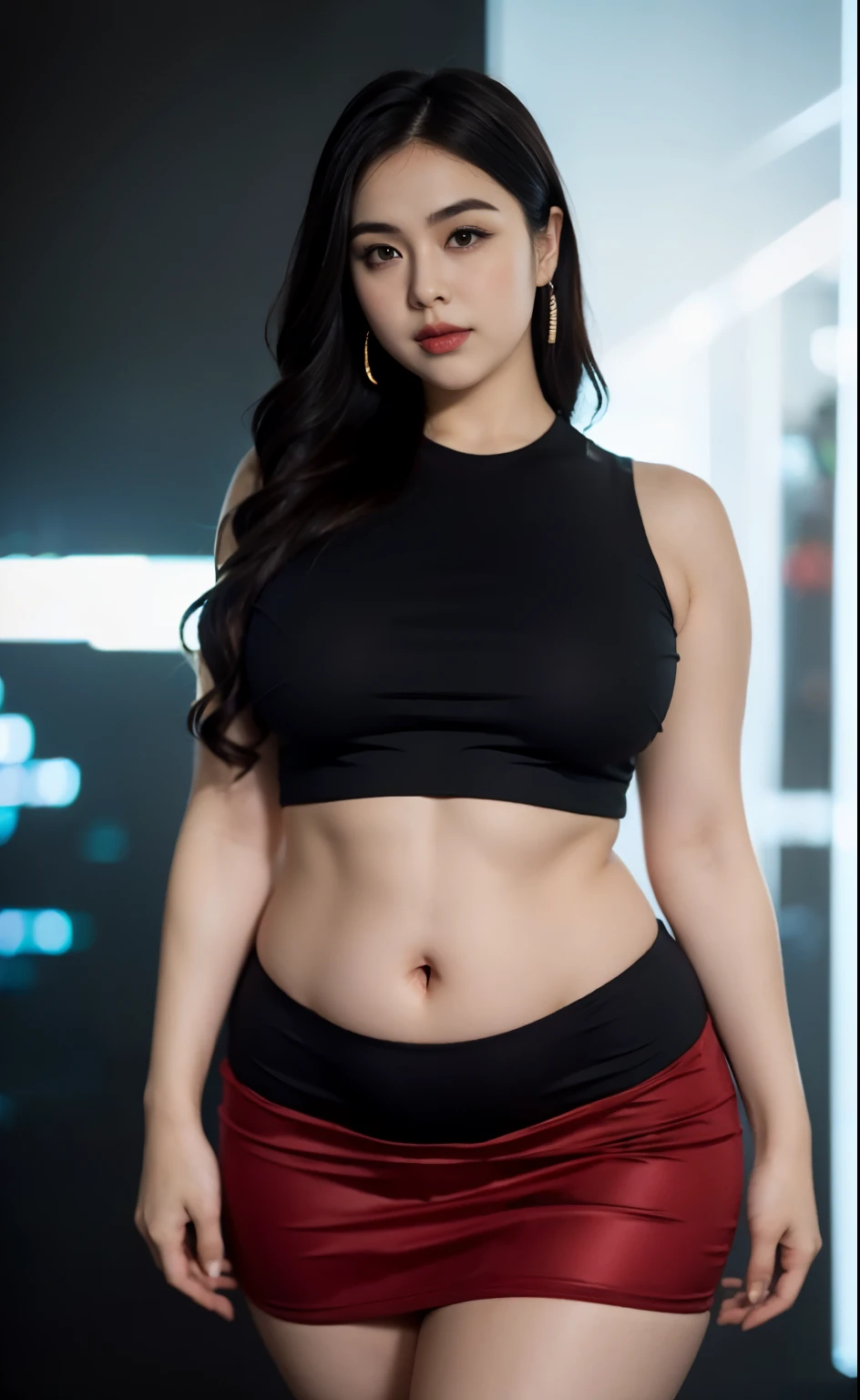 there is a woman posing in a black room with a maroon top and red skirt, thick body, beautiful thick female, wide hips, thick legs, she has a jiggly fat round belly, thick thighs, curvy hourglass figure, thicc, curvy model, widest hips, hyperrealistic full figure, bbwchan, voluptuous body, thick, tattooed body, tattooed hands, tattooed arm, tattooed in belly