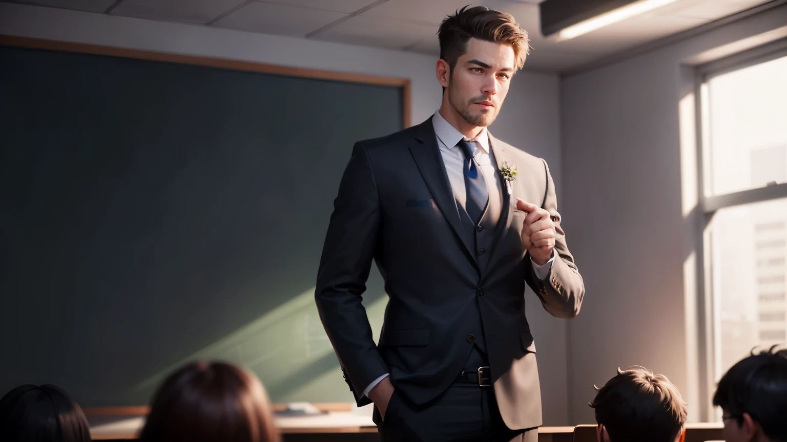1. The male teacher in suit stands on the podium and gives a lecture to the students，‎Classroom，blackboards，fresh flowers，cinematic lighting，depth of fields， lens flare glow，8K， RAW photos， sportrait， best qualtiy， 超高分辨率， realistic , pointing his finger towards the black board
