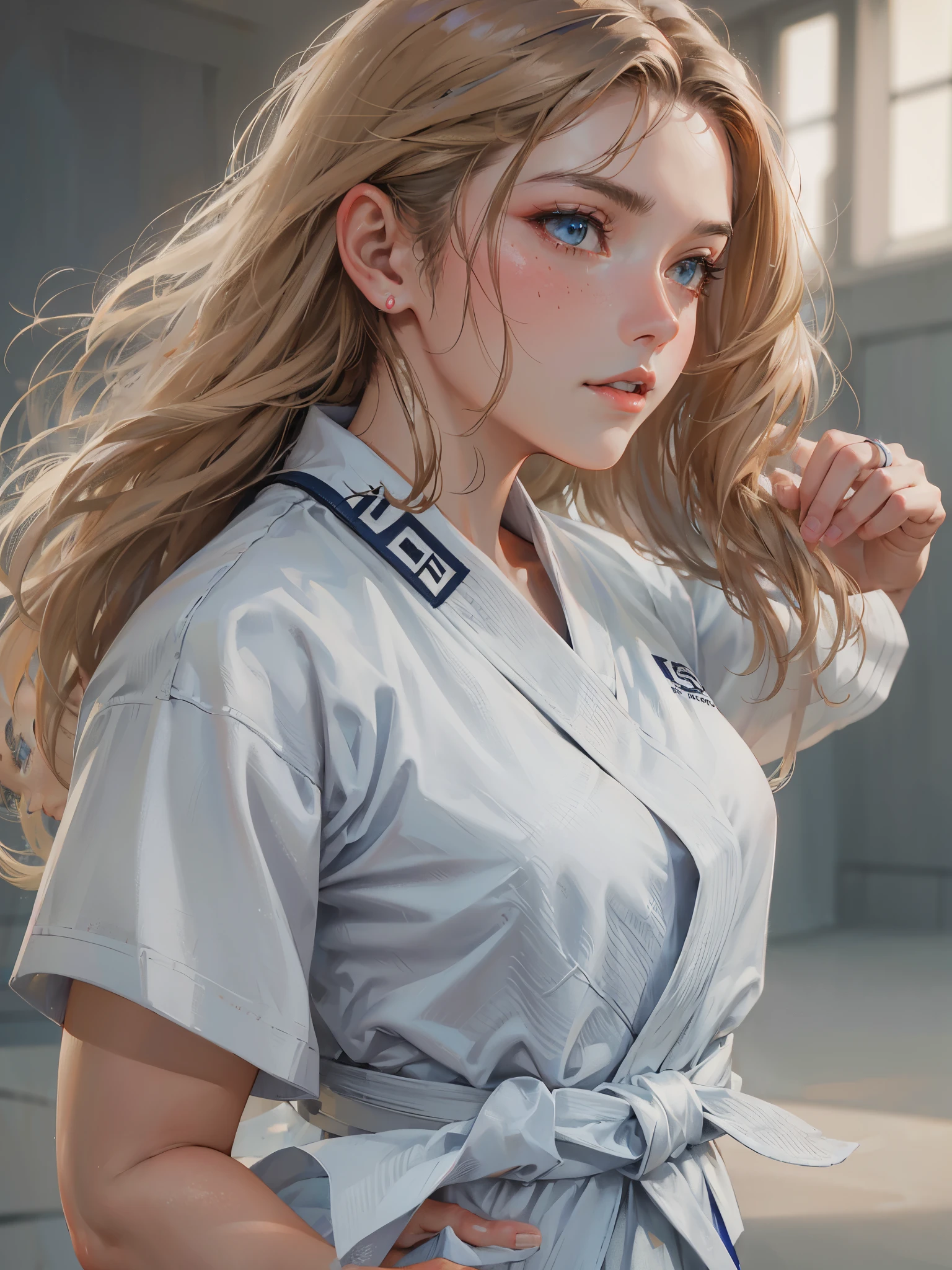 high quality,HD,16k,sharp lines,1 girl,Female Judo Athletes ,cute face, medium breasts, beautiful feet,At the judo venue,focus girl,detailed beautiful face,fine clothes,beautiful eyes,nice,dynamic angle