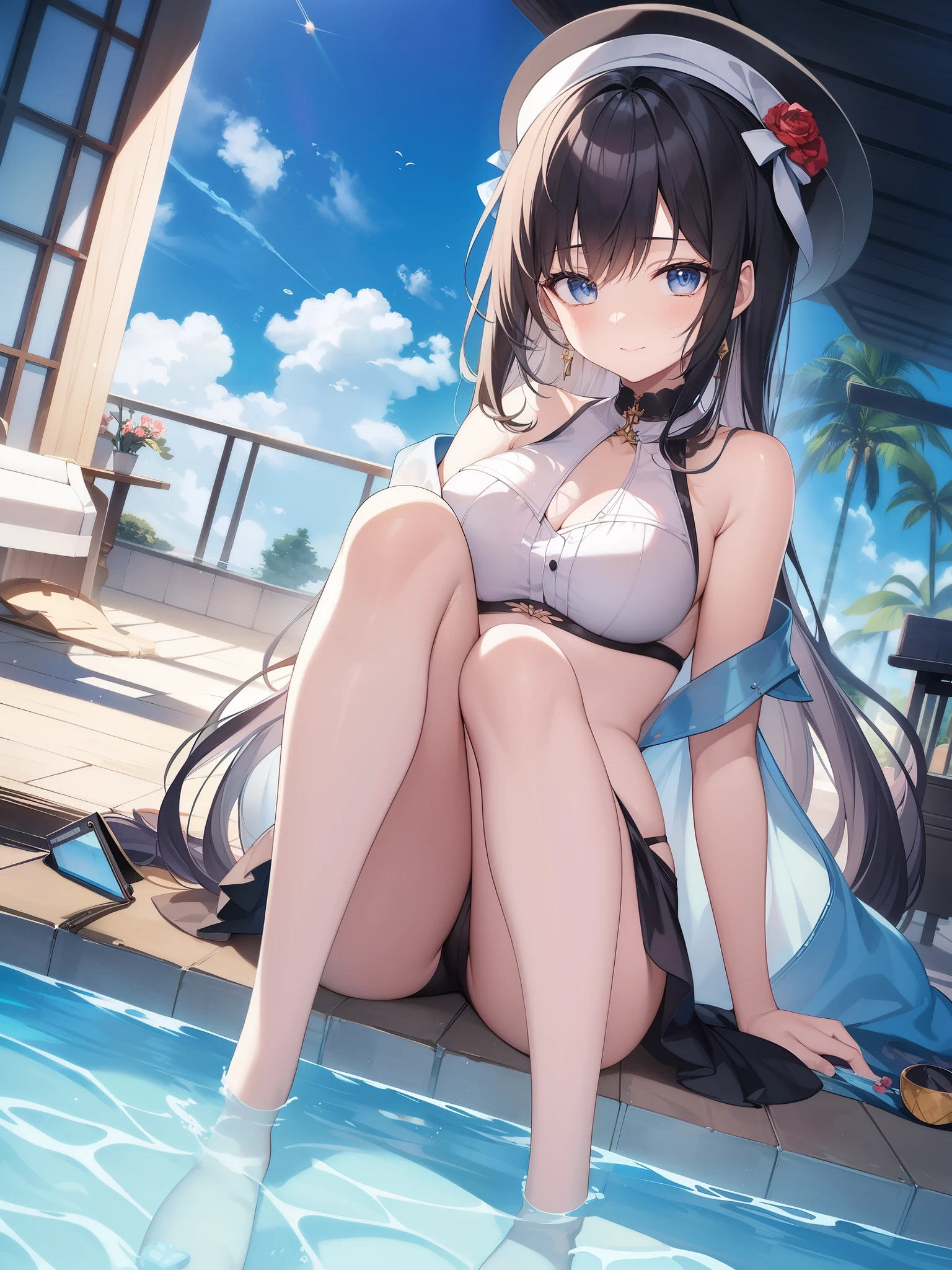 There is a young man wearing a hat and swimming in the pool.、Made by Yumei、beautiful digital artワーク、colorful digital paintings、beautiful artwork illustrations、beautiful digital illustrations、stunning digital illustration、[4K digital art]!!、anime art wallpaper 4k 、anime art wallpaper 4k、Vivid digital painting、beautiful digital art、gorgeous digital art