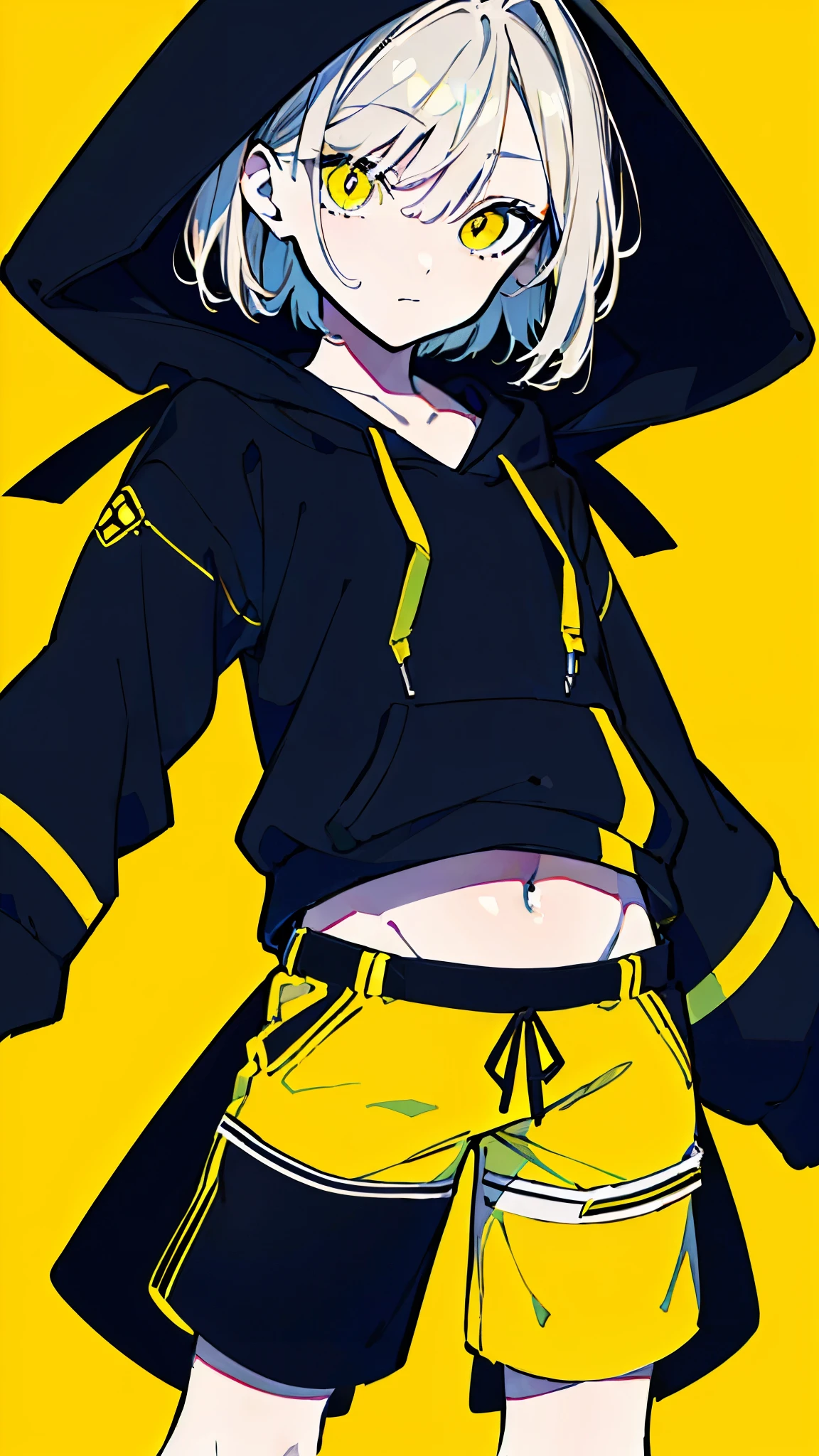 (masterpiece, highest quality:1.6), alone, thick outline, (simple background, Dark yellow background, monochrome, dark yellow theme:1.2), official art, Key Visual, 8K, disorganized, whole body, (Unique hair, Oversized Hoodies, hot pants, arch back, short torso:1.2), belly button, thighs, cowboy shot, HDR, sharp focus, High resolution, most detailed, very detailed, Super detailed, finely, detailed eyes and face, sharp pupils, realistic student, solo, contrast between yellow and light blue, solo