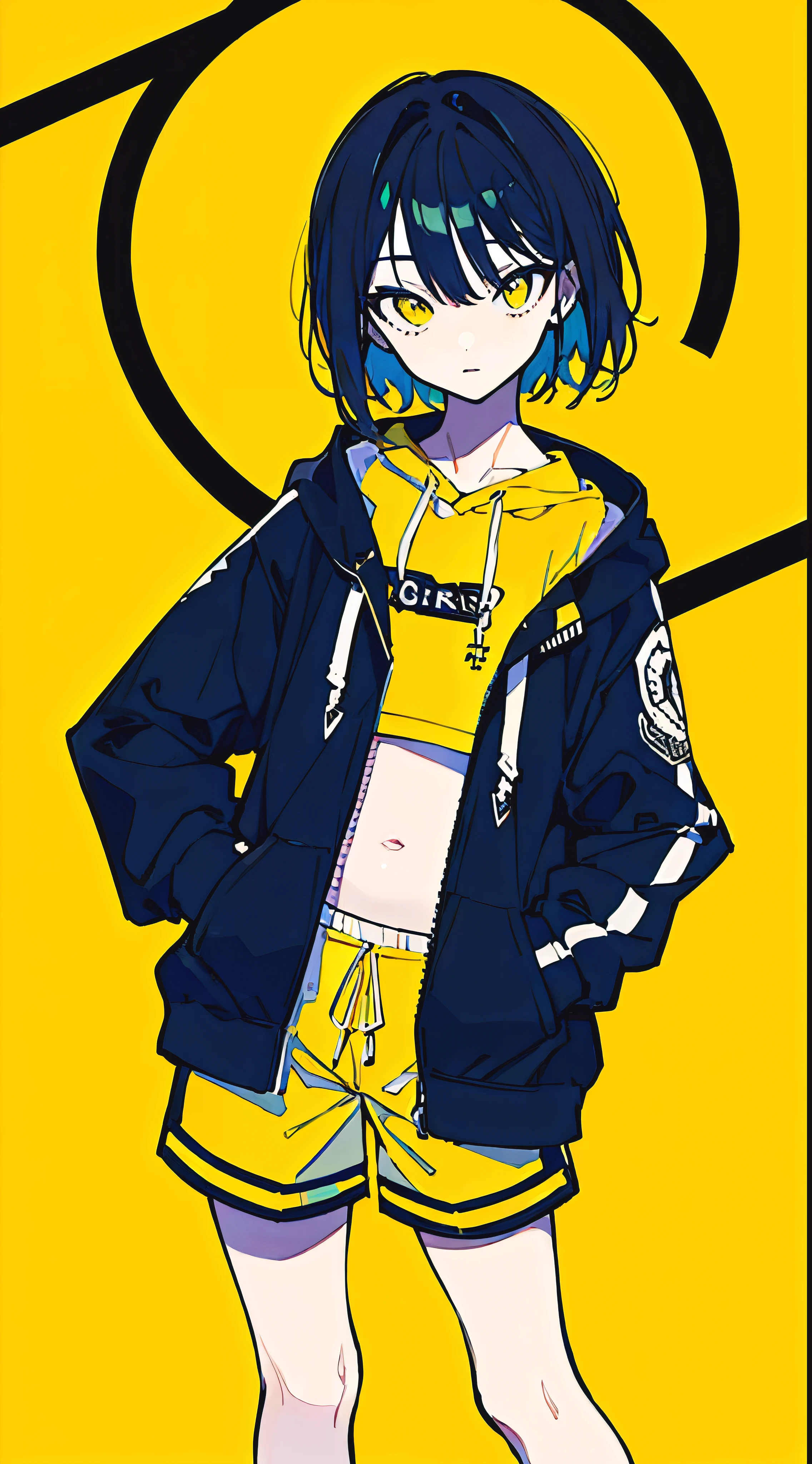 (masterpiece, highest quality:1.6), alone, thick outline, (simple background, Dark yellow background, monochrome, dark yellow theme:1.2), official art, Key Visual, 8K, confused, whole body, (Unique hair, oversized hoodie, hot pants, arch back, short torso:1.2), belly button, thighs, cowboy shot, HDR, sharp focus, High resolution, most detailed, very detailed, Super detailed, finely, detailed eyes and face, sharp pupils, realistic student, alone