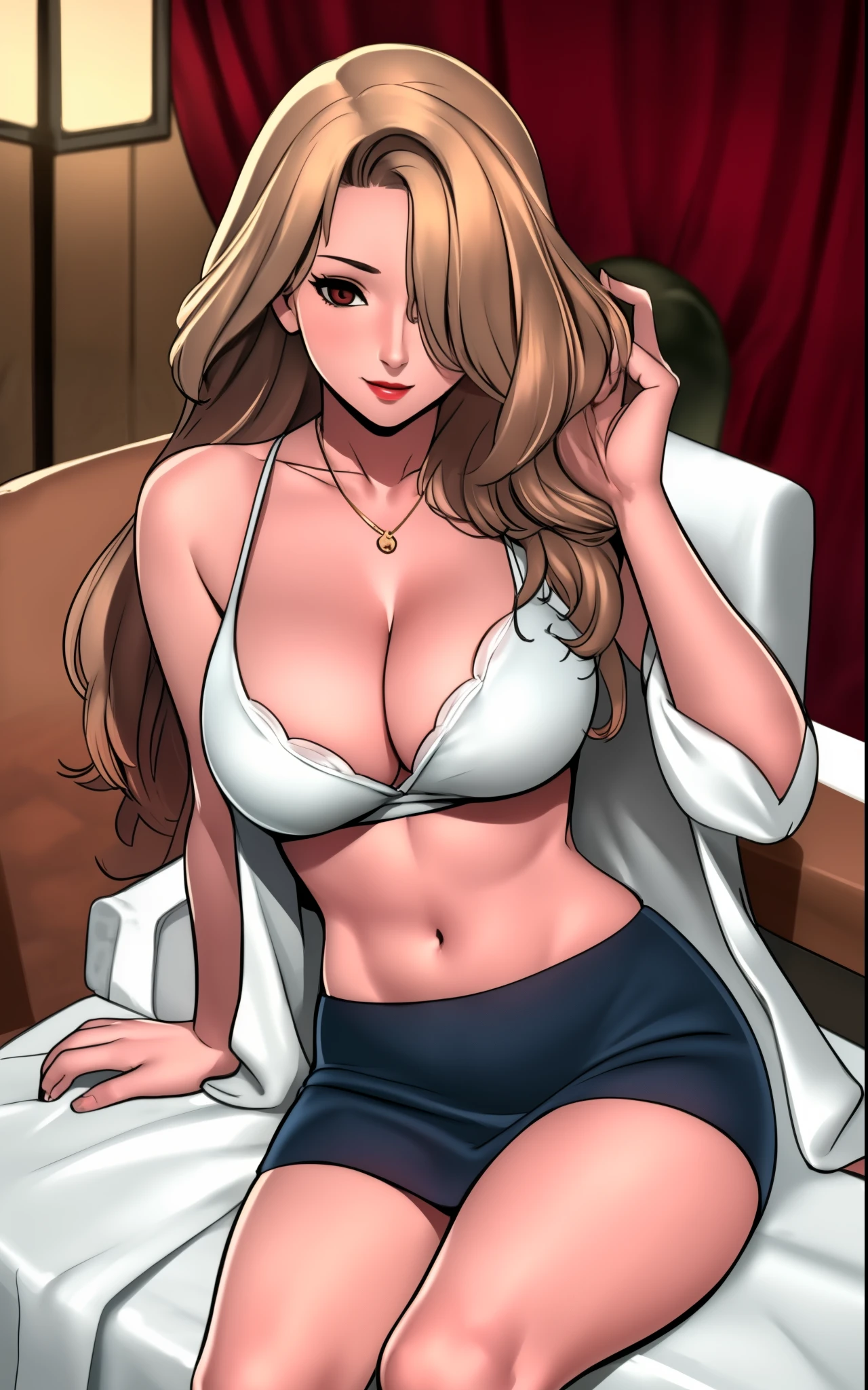 masterpiece, ,(solo:1.1), perfect face, hair over one eye, small waist, (bright lighting:1.2),beautiful detailed eyes, extremely detailed face, perfect lighting,masterpiece, best quality, ((mature female)), ((large breasts)), 30yo female, 1girl,  (medium red hair), white under hair, ((wolfcut hair)), (wolfcut hairstyle), (side bangs), (thick bangs), hair over one eye, thick bangs hiding most of left eye, straight hair ,provocative, tease, milf, large breasts, simple smile, adult woman, thick skirt, mini dress , full body. ((extremely realistic shading, masterpiece, extremely detailed, photorealistic)), bright red eyes,pearl necklace,necklaces, indonesia chinese traditional clothing, gold gold wristband, gold choker, pressed breasts, no background,  midriff, exposed belly, 