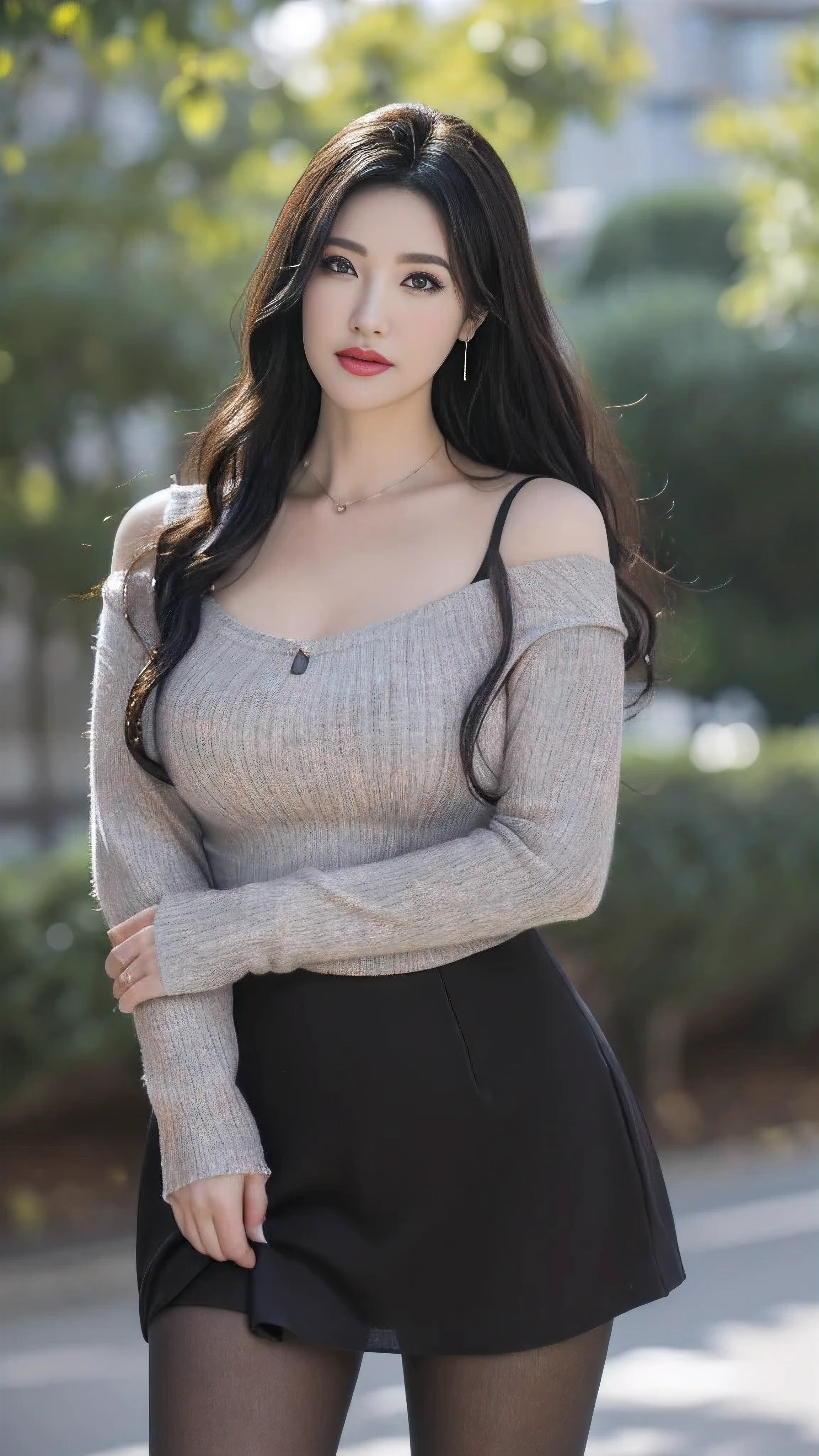 full-body shot,High necked knitted dress an asian japanese woman,65 years old,big eyes,Elegant temperament Elegant temperament,best quality), actual, (real picture,65 years old, There are intricate details, 景深内容Very detailed, It's a perfect face, Perfect body, large model, mature woman, High, Leg length, ,High heel,outdoor,Bokeh,long eyelashes,深色eye shadow,涂lipstick,Face with heavy makeup,Very detailed,middle aged woman,(hanging),upper limbs, cosmetic, (lipstick: 1.1), (Eyeliner: 1.2), mascara, eye shadow, curly, ear nipple ring, necklace, Black greasy pantyhose, Wrinkles at the corners of the eyes, There are wrinkles at the corners of the mouth,Long-legged pantyhose,