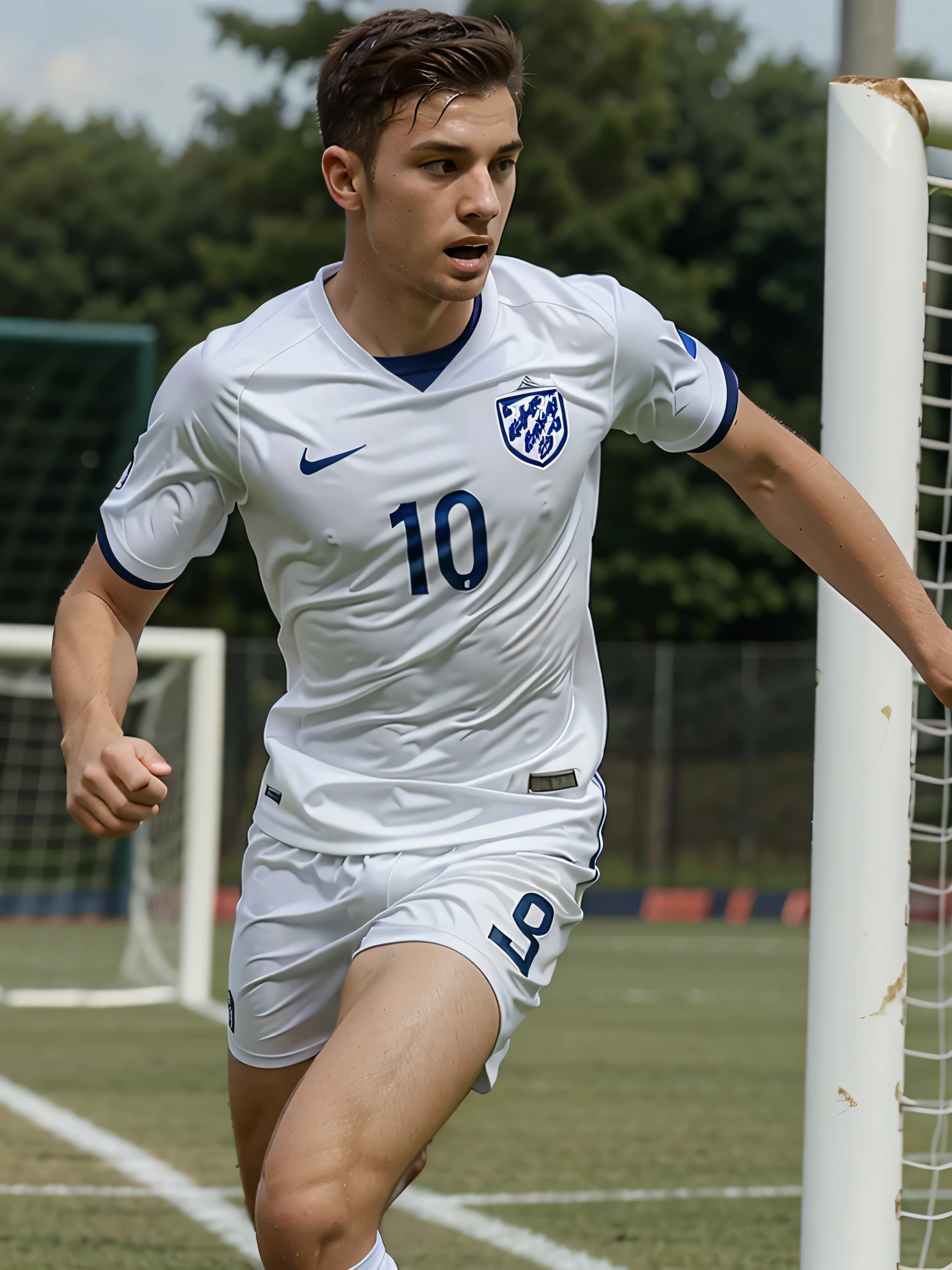 male soccer player running with white soccer uniform, realistic, perspective, soccer player, white uniform