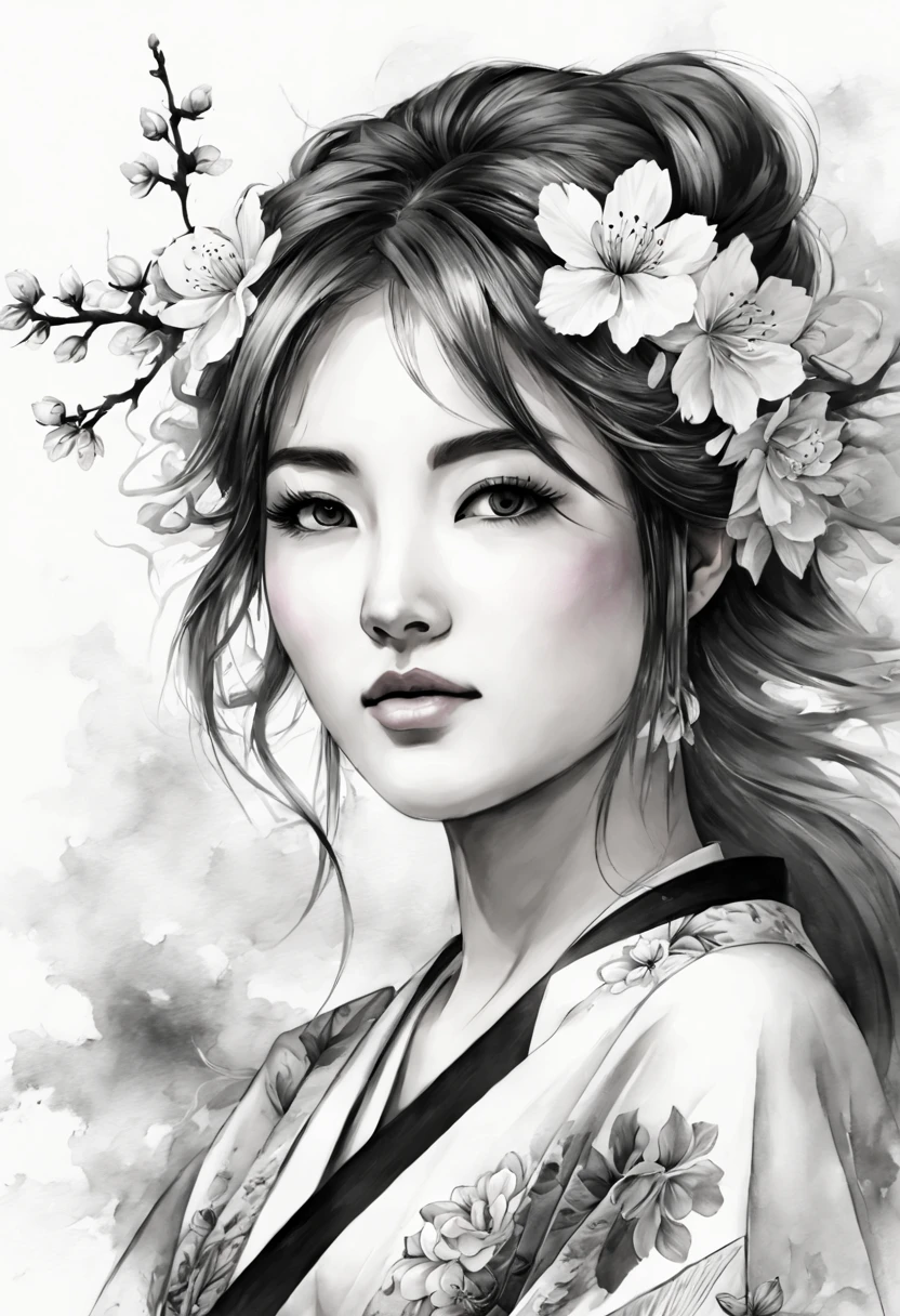 1girl, high resolution (Black & White Ink paint:1.5) stroked japanese tattoo, (best quality,4k,8k,highres,masterpiece:1.2), ultra-detailed, extreme detail description, professional, portraits, delicate cherry blossoms, flowing waves, serene expression, strong and confident pose, subtle shading, precise linework, ink splatters, traditional kimono, elegant headdress, mystical background