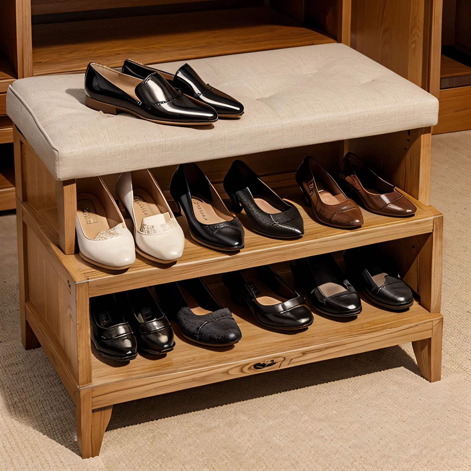 shoe organizers  sitting on a shoe storage bench