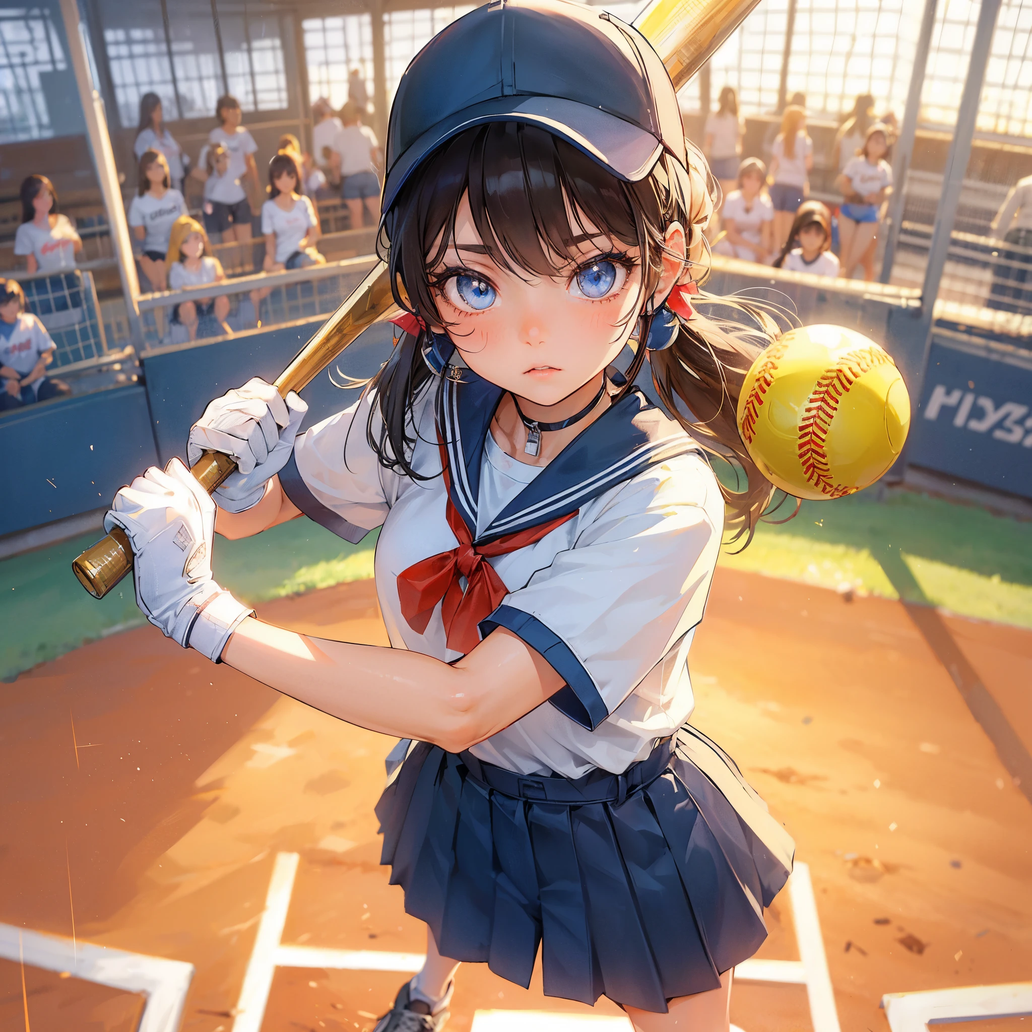 high quality,HD,16k,sharp lines,1 girl,Female softball Athletes ,cute face, medium breasts, nice legs,At the softball venue,focus girl,detailed beautiful face,detailed clothes,beautiful eyes,cool,dynamic angle