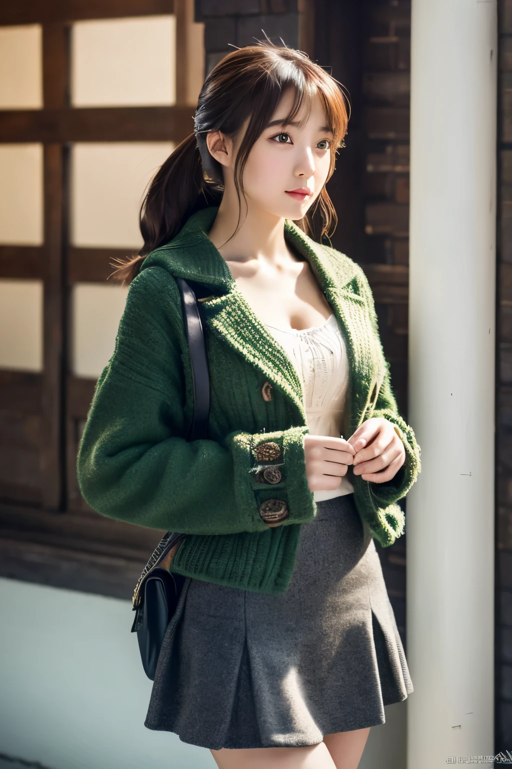_model shooting style,trendy winter clothes girls、cleavage,micro mini skirt(Focus on Banchang: 0.8), Zoom lens shots, by Studio Ghibli, (((masterpiece))), (((highest quality))), (Highly detailed CG Unity 8K wallpaper)