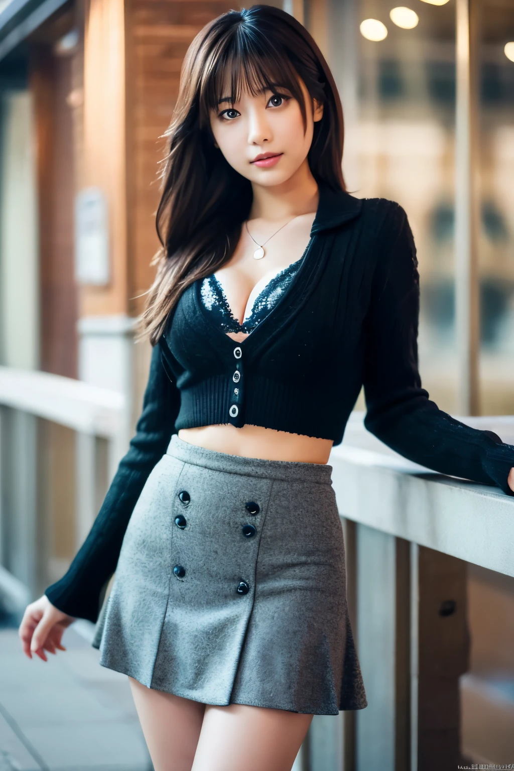 _model shooting style,trendy winter clothes girls、cleavage,micro mini skirt(Focus on Banchang: 0.8), Zoom lens shots, by Studio Ghibli, (((masterpiece))), (((highest quality))), (Highly detailed CG Unity 8K wallpaper)