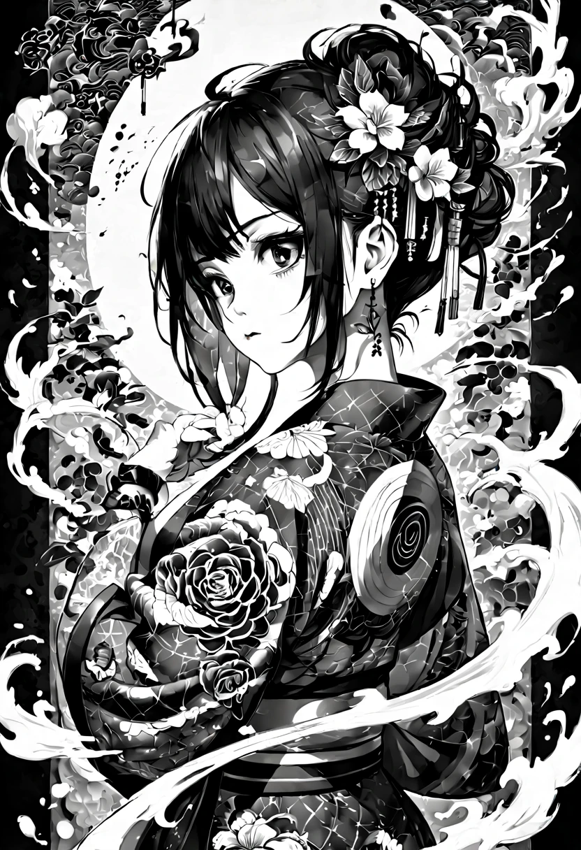 (best quality,highres),black and white ink painted high resolution masterpiece,tattoo,1girl,japanese style,highly detailed,strong contrast,delicate lines,tattoo design,japanese calligraphy,traditional tattoo art,dynamic composition,flowing ink,exquisite details,symbolic elements,fierce expression,ornamental motifs,tattoo sleeves,portraits,traditional patterns,geometric shapes,sense of movement,artistic sketch,beautifully shaded,vivid contrast,expressive lines,vibrant composition,traditional japanese culture