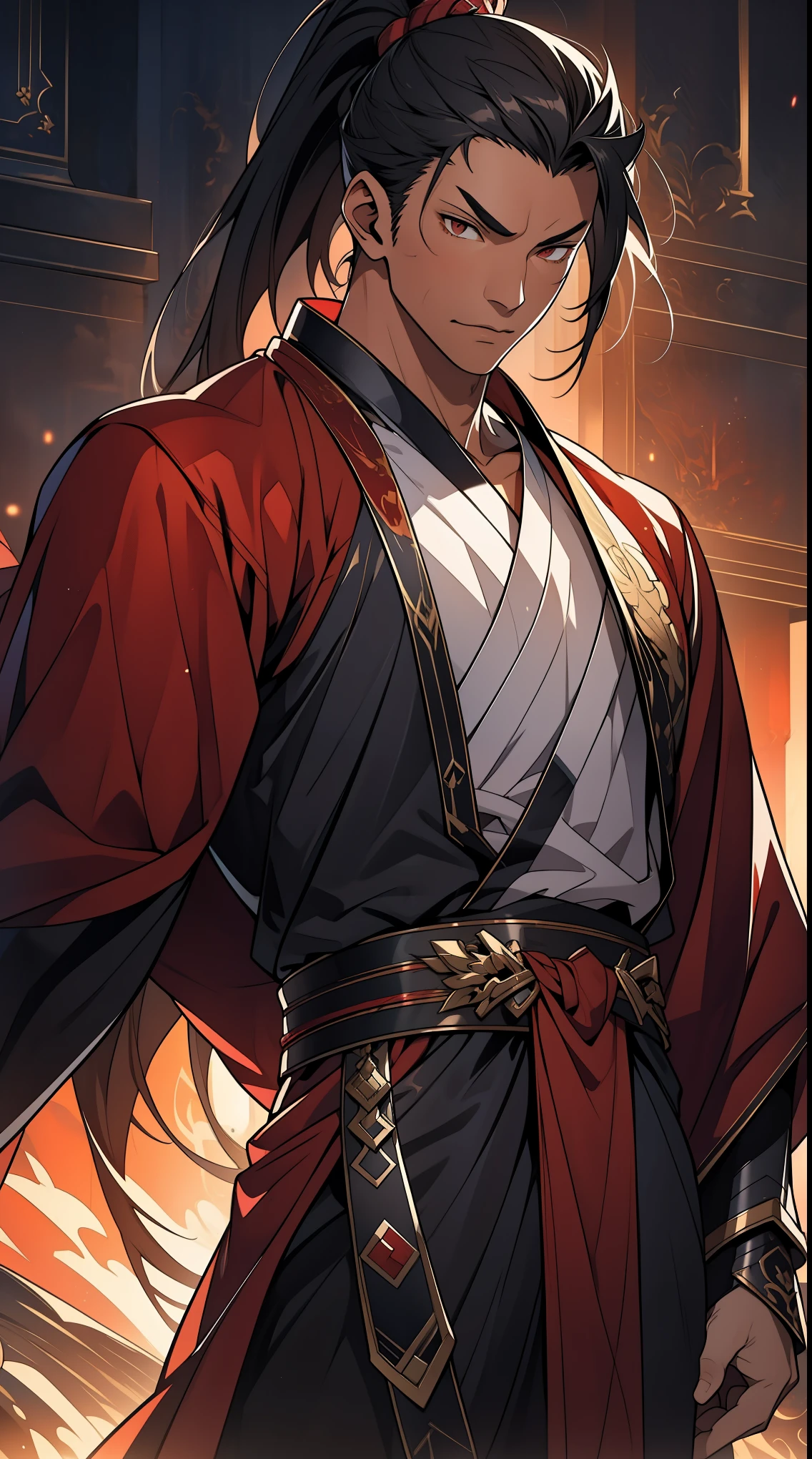 Two dimensions，anime style，one person（male warrior），proportions are correct，facial details，swordsman，high ponytail hairstyle，neck detail，Have an Adam&#39;s apple，red robe，joke，Red robe，clothing details，Handing over，long sleeves（arm guards、Armour、pauldron），fencing，Ray tracing，Ray tracing，Detailed glow，CG rendering，hair details，long black hair，red eyes，Handsome，Handsome，（Youthful feeling），Clothing is complicated，Perfect composition，refine，high quality，higher details，many details，Complex background，a sense of atmosphere，