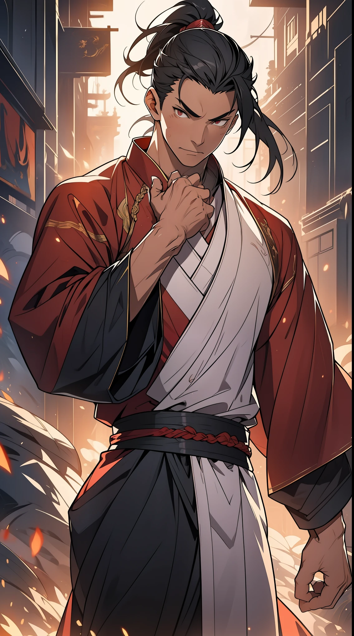 Two dimensions，anime style，one person（male warrior），proportions are correct，facial details，swordsman，high ponytail hairstyle，neck detail，Have an Adam&#39;s apple，red robe，joke，Red robe，clothing details，Handing over，long sleeves（arm guards、Armour、pauldron），fencing，Ray tracing，Ray tracing，Detailed glow，CG rendering，hair details，long black hair，red eyes，Handsome，Handsome，（Youthful feeling），Clothing is complicated，Perfect composition，refine，high quality，higher details，many details，Complex background，a sense of atmosphere，