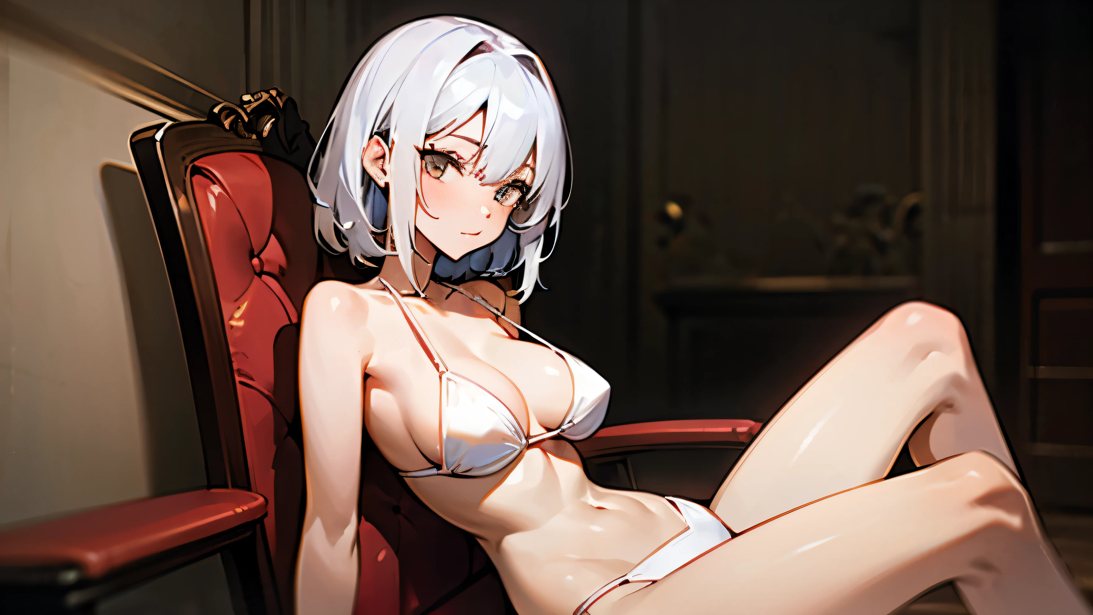 Girl Sitting on a chair, white hair, hazel eyes, white bikini