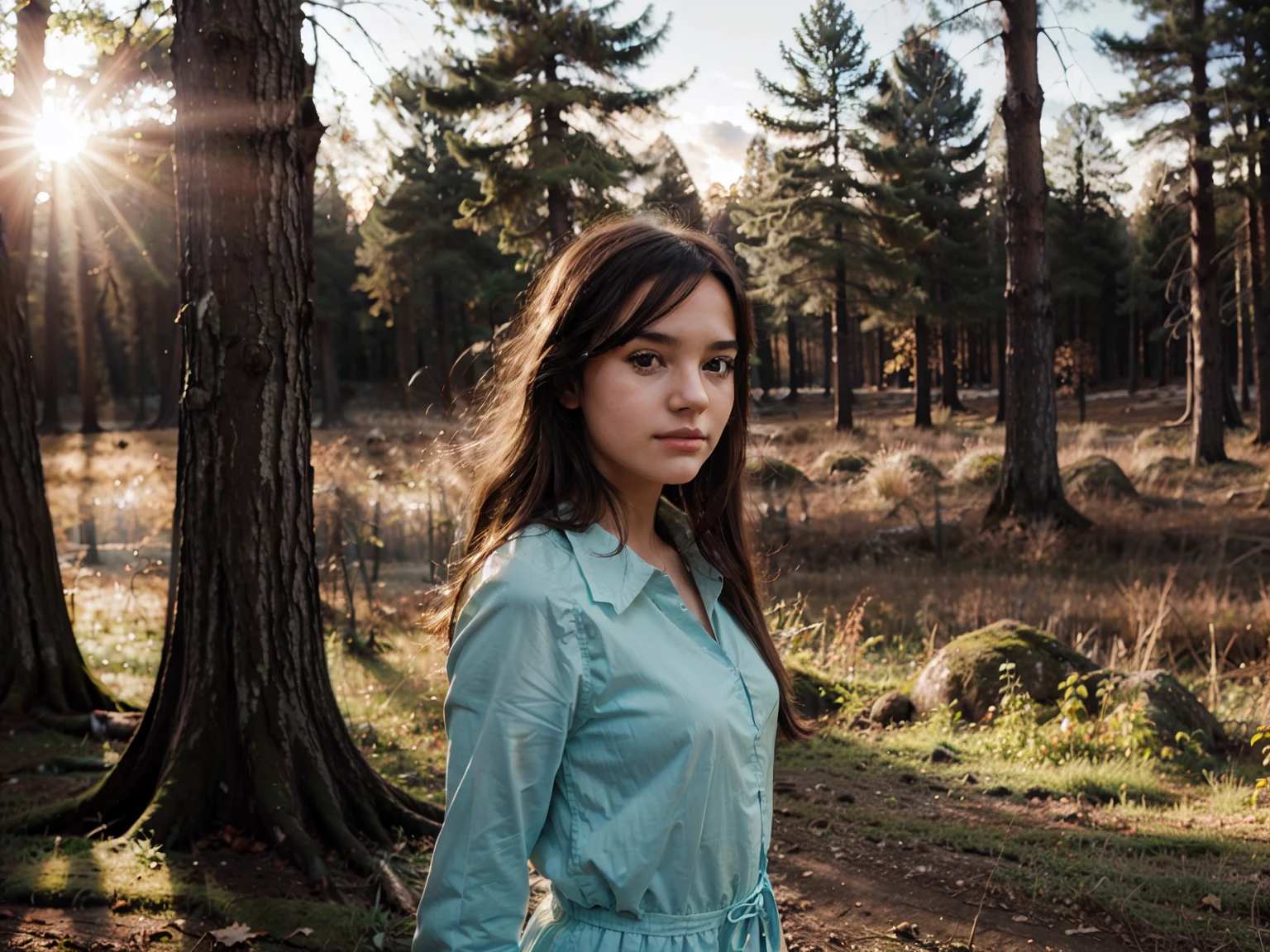 young Anne-Marie Alto looking at camera, forest, spring mysterious atmosphere, bright sunset