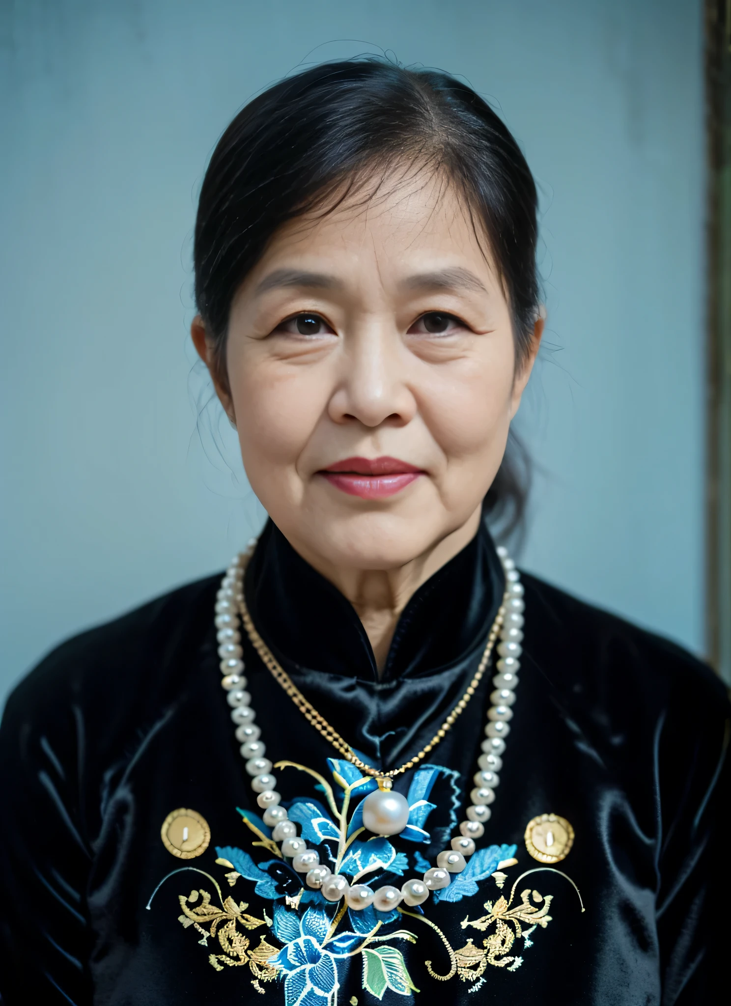 Highly realistic photo, ((masterpiece), (best quality), (raw photo), (photorealistic:1.4), Portrait of Vietnamese old woman, (65 years old), ((black hair)), (wearing a black velvet ao dai), pearl necklaces and gold necklaces ,((light blue background)) , photo taken by Sony A7IV