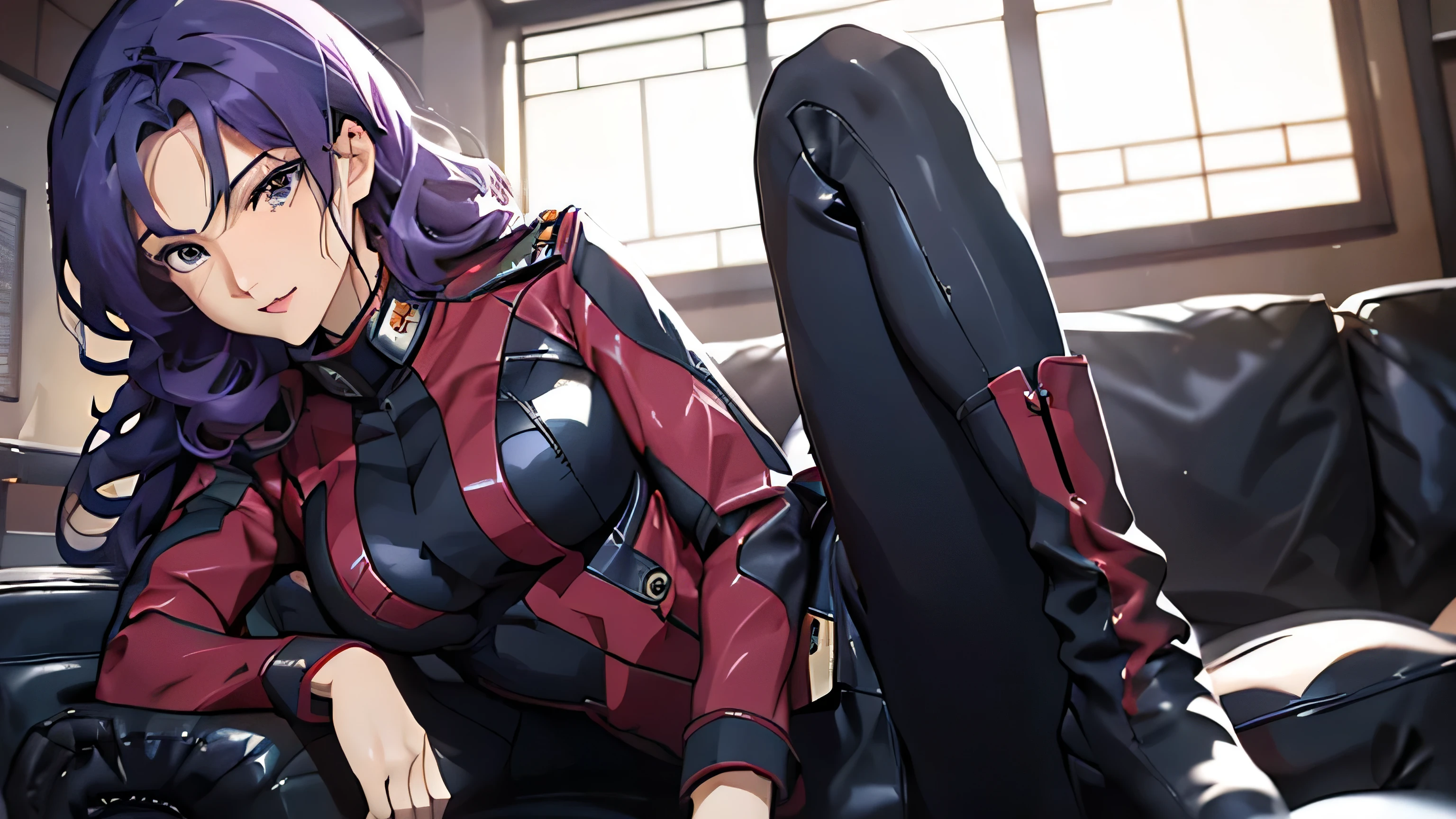 Red,Pink military uniform,（full-body shot），Sitting on the sofa 翘起脚，Focus on thighs and feet、一个Smile、sit on the chair、legs crossed、knees up,（Brown long high heel riding boots） purple hair ,blue eyes,lipstick, long hair, 1 girl, 20 years,young women,beautiful Finger,beautiful long legs,beautiful body,beautiful Nose,beautiful character design, perfect eyes, perfect face,expressive eyes, looking at the audience, in the center of the image,(Light_Smile:0.5), official art,Extremely detailed CG unified 8k wallpaper, perfect Lighting,rich and colorful,灯Light,有Light泽的皮肤, (masterpiece:1.0),(the best_quality:1.0), 超high resolution,4K,super detailed, photography, 8k, human development report, high resolution, ridiculous:1.2,, film grain, blurRed background, Bokeh:1.2, 镜头Light晕, (Full of energy_color:1.2) (beautiful,Big deal_boobgasm:1.0),(narrow_waist)Full body sitting, wear, elite, velvet, deep Purple, small tie. he himself, boss, momentum, Full HD, ......International Organization for Standardization, Law office with modern design furniture, 包括Black色和灰色皮革软垫的扶手椅, Chrome base tempeRed的 glass coffee table, 实木会议桌搭配Black色皮椅, There is lomo a built-in bookcase，Inside there are law books bound in brown leather. ?" 其 11 叶片圆形Light圈和 XA 镜头元件一起提供了漂亮的Bokeh效果. lomo, 镜头配备Light圈环，You can switch between no-click and no-click actions, a dust and moisture resistant design, and four XD linear autofocus motors，Provides fast and accurate autofocus and tracking. 这款镜头为索尼photography师提供了出色的人像拍摄工具, night view, 和一般photography."legs raised, Sitting on the sofa, Black, Black色高跟鞋