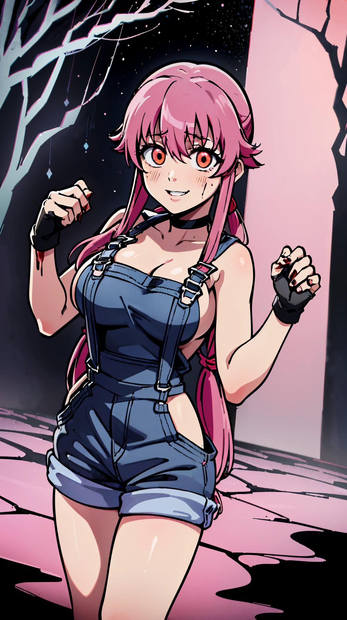 anime_still, masterpiece, best quality, 1girl, Gasai Yuno, long hair, pink hair, low twintails, smile, naked, red eyes, (large breasts:1.5),1girl, black choker, dark grey, (overalls:1.25), leather gloves, black boots, ((nigth:1.5)), (chasing you through the woods BY yuno gasai), moonlight, blood on floor, horror scane, (horror movie post:1.5) (evil eyes:1.6), (horror_movies:1.5), (woods:1.6),(dark:1.7), (out_boorlood on hands:1.5), (blood stain:1.25), (black face mask:1.25),