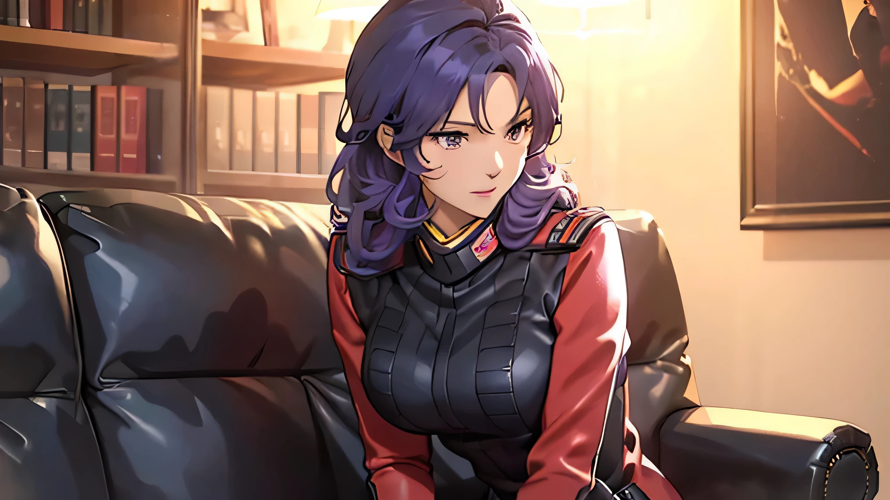 Red,Pink military uniform,（full-body shot），Sitting on the sofa 翘起脚，Focus on thighs and feet、一个Smile、sit on the chair、legs crossed、knees up,（Brown long high heel riding boots） purple hair ,blue eyes,lipstick, long hair, 1 girl, 20 years,young women,beautiful Finger,beautiful long legs,beautiful body,beautiful Nose,beautiful character design, perfect eyes, perfect face,expressive eyes, looking at the audience, in the center of the image,(Light_Smile:0.5), official art,Extremely detailed CG unified 8k wallpaper, perfect Lighting,rich and colorful,灯Light,有Light泽的皮肤, (masterpiece:1.0),(the best_quality:1.0), 超high resolution,4K,super detailed, photography, 8k, human development report, high resolution, ridiculous:1.2,, film grain, blurRed background, Bokeh:1.2, 镜头Light晕, (Full of energy_color:1.2) (beautiful,Big deal_boobgasm:1.0),(narrow_waist)Full body sitting, wear, elite, velvet, deep Purple, small tie. he himself, boss, momentum, Full HD, ......International Organization for Standardization, Law office with modern design furniture, 包括Black色和灰色皮革软垫的扶手椅, Chrome base tempeRed的 glass coffee table, 实木会议桌搭配Black色皮椅, There is lomo a built-in bookcase，Inside there are law books bound in brown leather. ?" 其 11 叶片圆形Light圈和 XA 镜头元件一起提供了漂亮的Bokeh效果. lomo, 镜头配备Light圈环，You can switch between no-click and no-click actions, a dust and moisture resistant design, and four XD linear autofocus motors，Provides fast and accurate autofocus and tracking. 这款镜头为索尼photography师提供了出色的人像拍摄工具, night view, 和一般photography."legs raised, Sitting on the sofa, Black, Black色高跟鞋