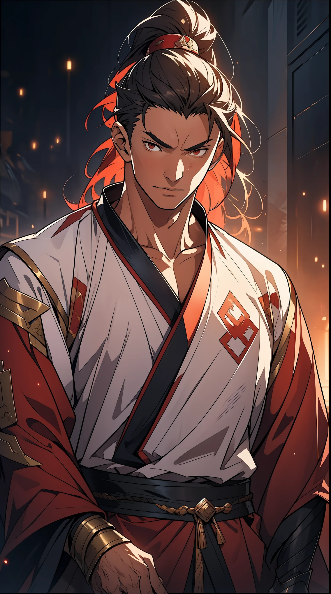 Two dimensions,anime style,one person(male warrior),proportions are correct,facial details,swordsman,high ponytail hairstyle,neck detail,Have an Adam's apple,red robe,joke,Red robe,clothing details,Handing over,long sleeves(arm guards、Armour、pauldron),Game quality,fencing,Ray tracing,Ray tracing,Detailed glow,CG rendering,hair details,long red hair,red eyes,Handsome,Handsome,(Youthful feeling),Clothing is complicated,Perfect composition,refine,high quality,higher details,many details,Complex background,a sense of atmosphere,